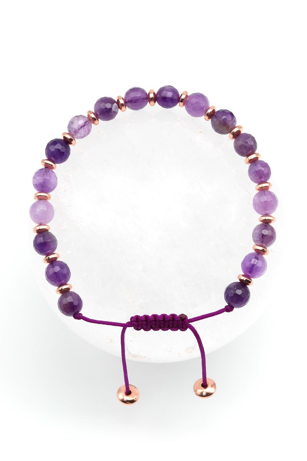 Ametist - Hematit Doğal Taş Makrome Örme Bileklik Fasetli Kesim