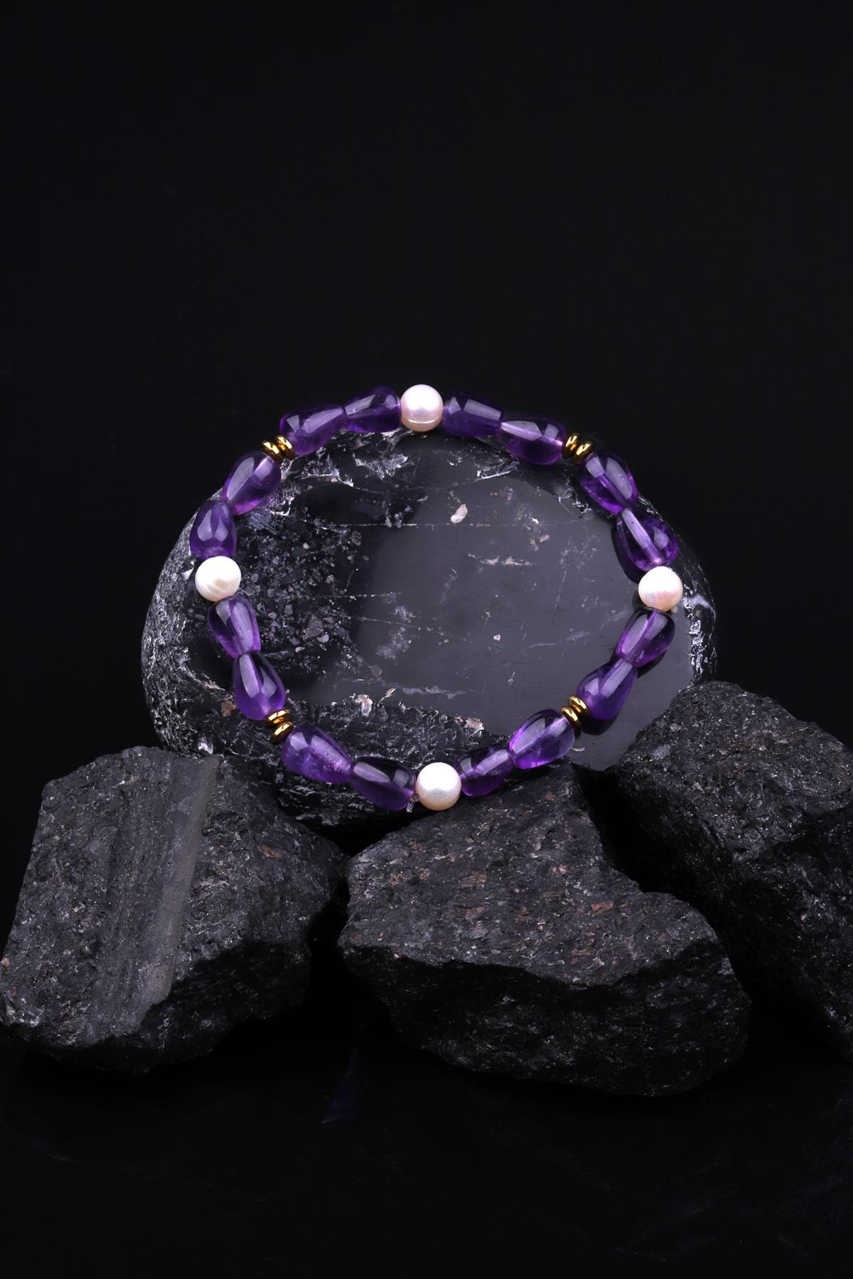 Ametist - İnci - Hematit Doğal Taş Tasarım Bileklik 