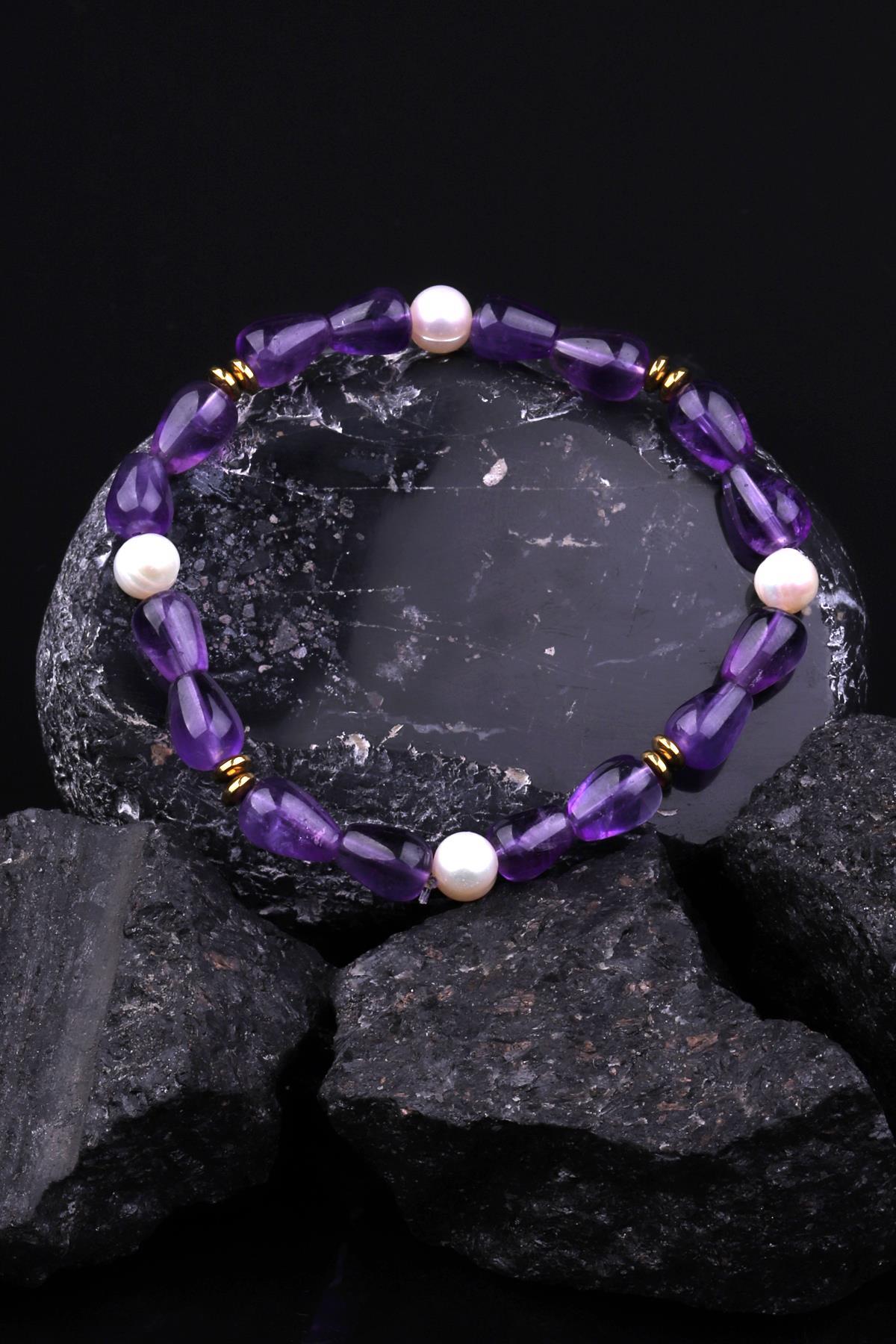 Ametist - İnci - Hematit Doğal Taş Tasarım Bileklik 