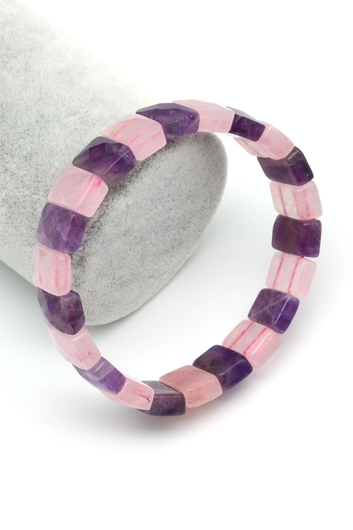 Ametist - Pembe Kuvars Doğal Taş Bileklik 9 x 14 mm Özel Kesim