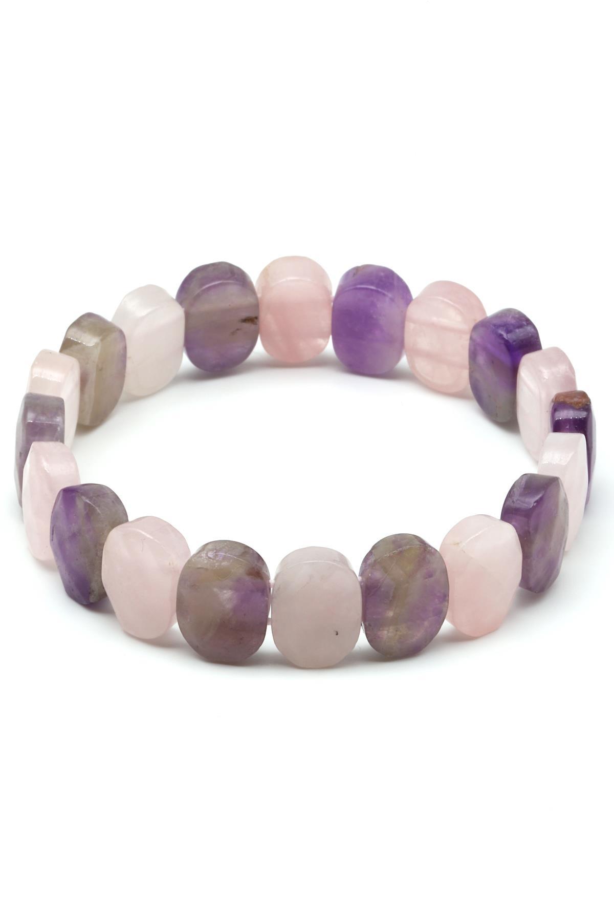 Ametist-Pembe Kuvars Doğal Taş Bileklik 10 x 14 mm Özel Kesim