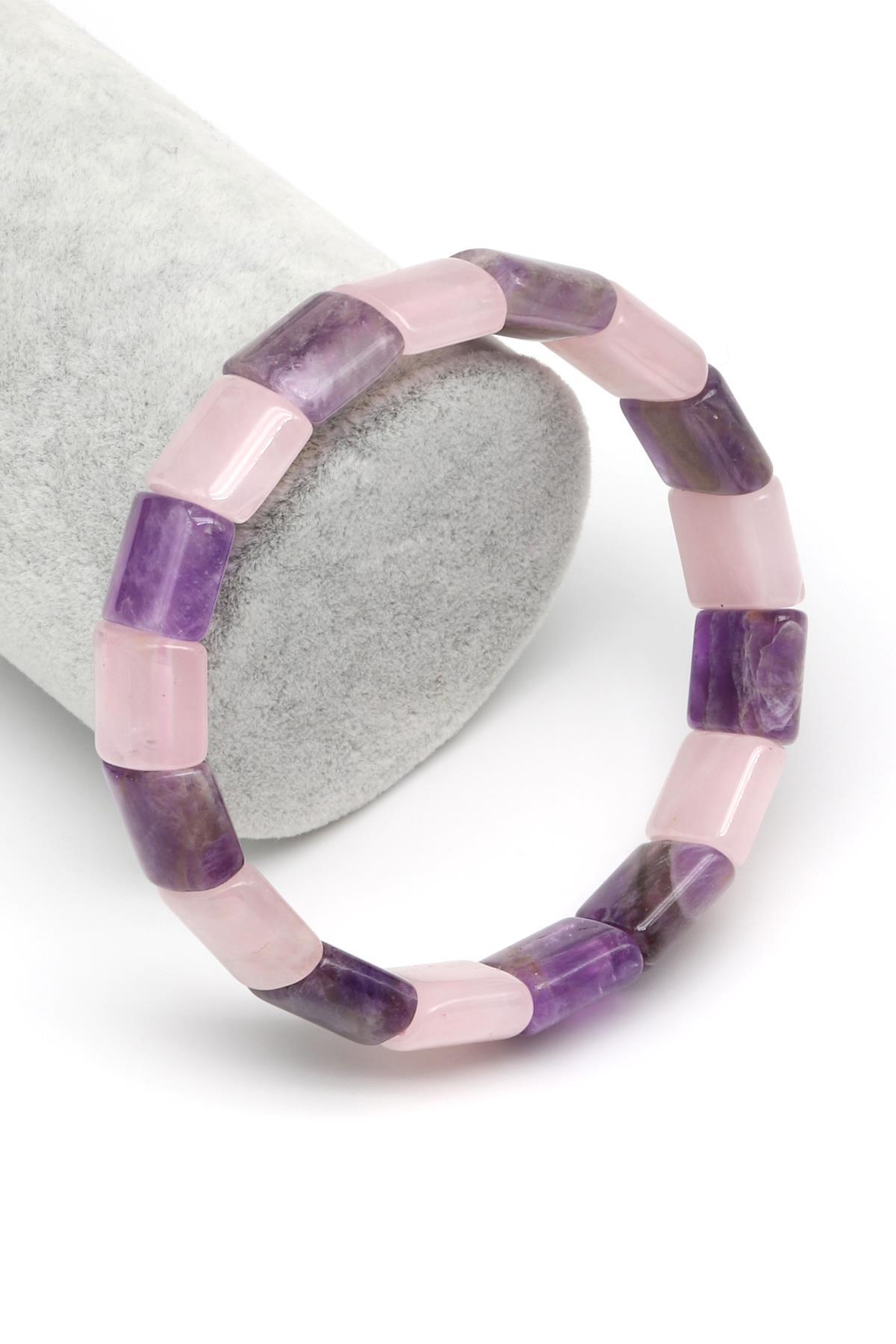 Ametist-Pembe Kuvars Doğal Taş Bileklik 12 x 15 mm Özel Kesim
