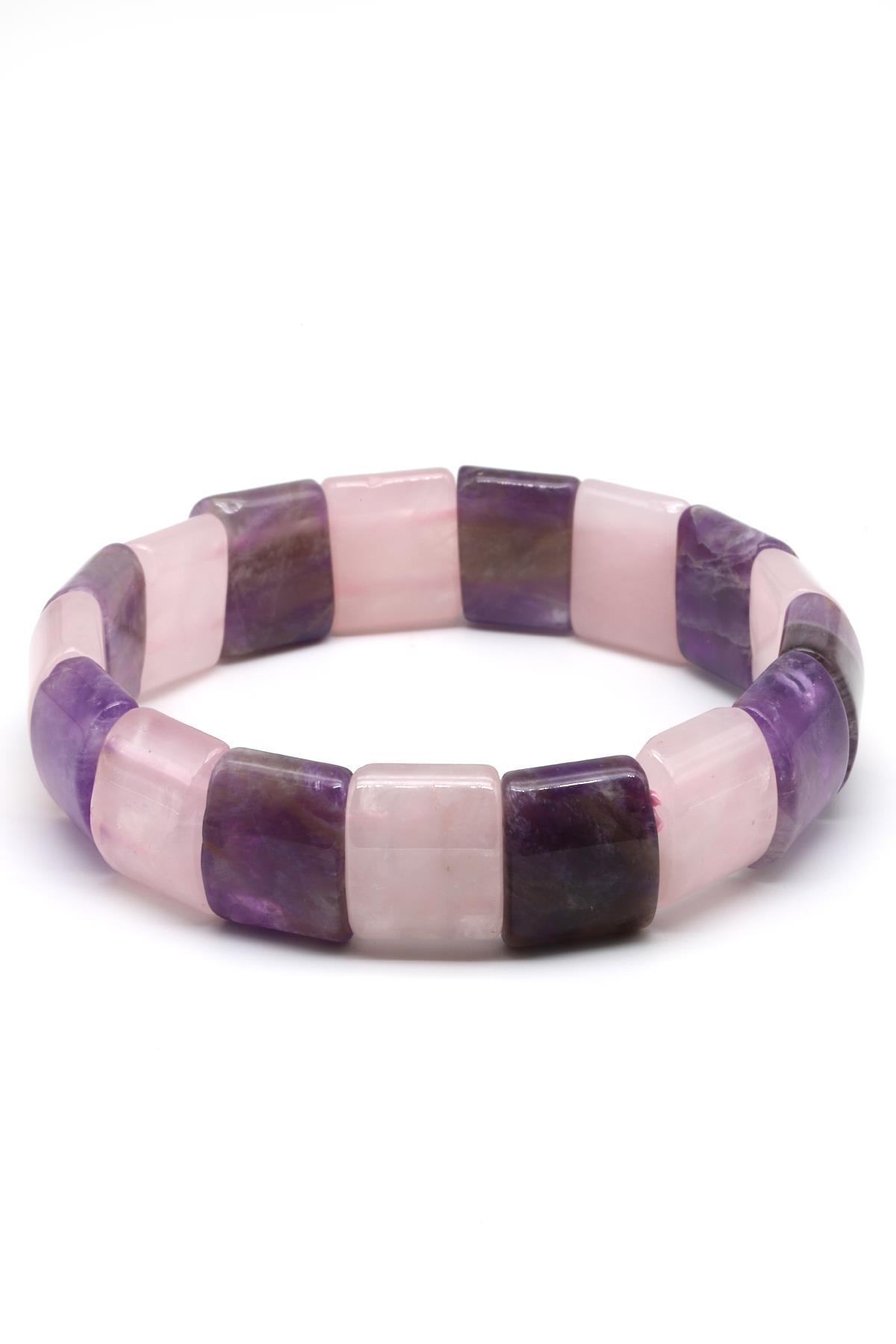 Ametist-Pembe Kuvars Doğal Taş Bileklik 12 x 15 mm Özel Kesim