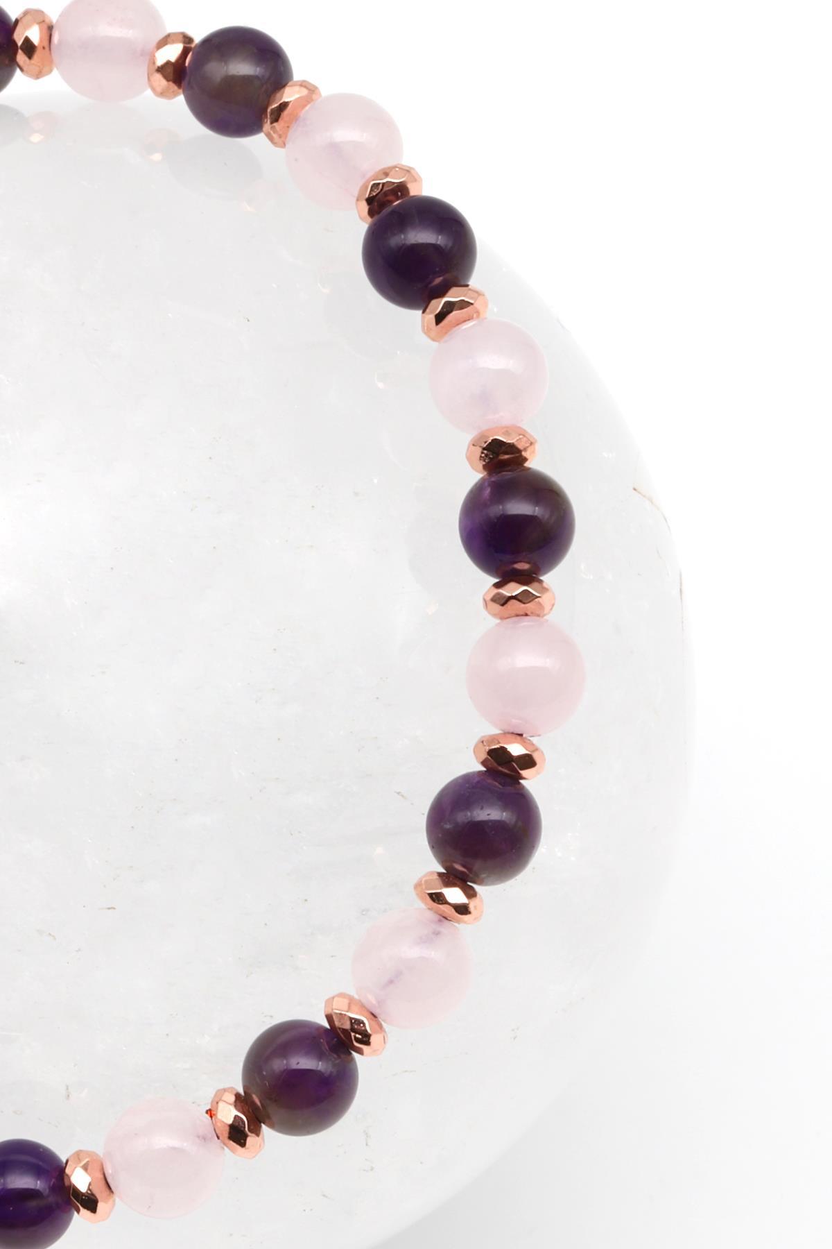 Ametist - Pembe Kuvars Doğal Taş Makrome Örme Bileklik Küre Kesim