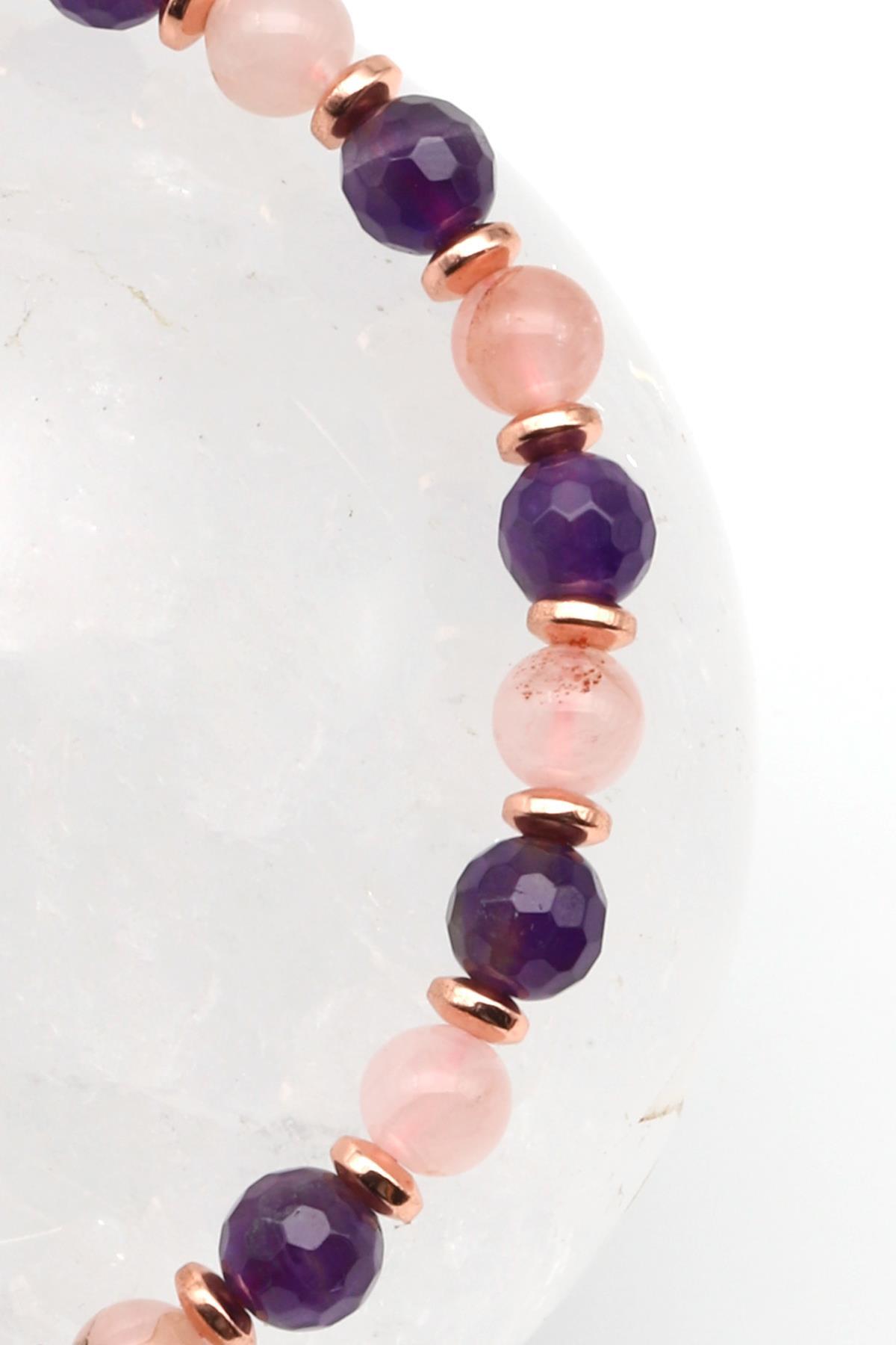 Ametist - Pembe Kuvars Doğal Taş Makrome Örme Bileklik