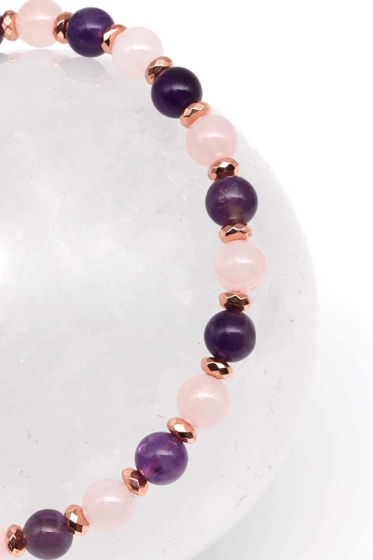 Ametist - Pembe Kuvars - Hematit Doğal Taş Makrome Örme Bileklik Küre Kesim