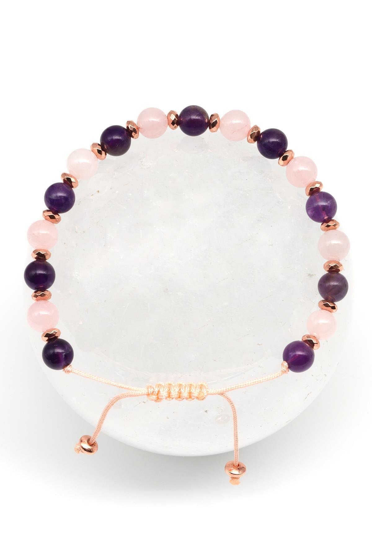 Ametist - Pembe Kuvars - Hematit Doğal Taş Makrome Örme Bileklik Küre Kesim