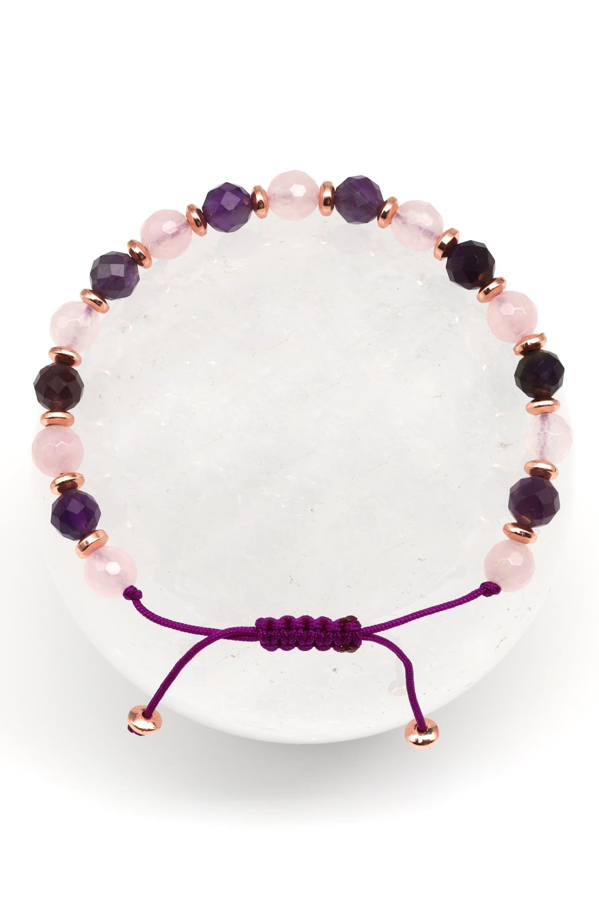 Ametist - Pembe Kuvars - Hematit Doğal Taş Makrome Örme Bileklik Fasetli Küre Kesim