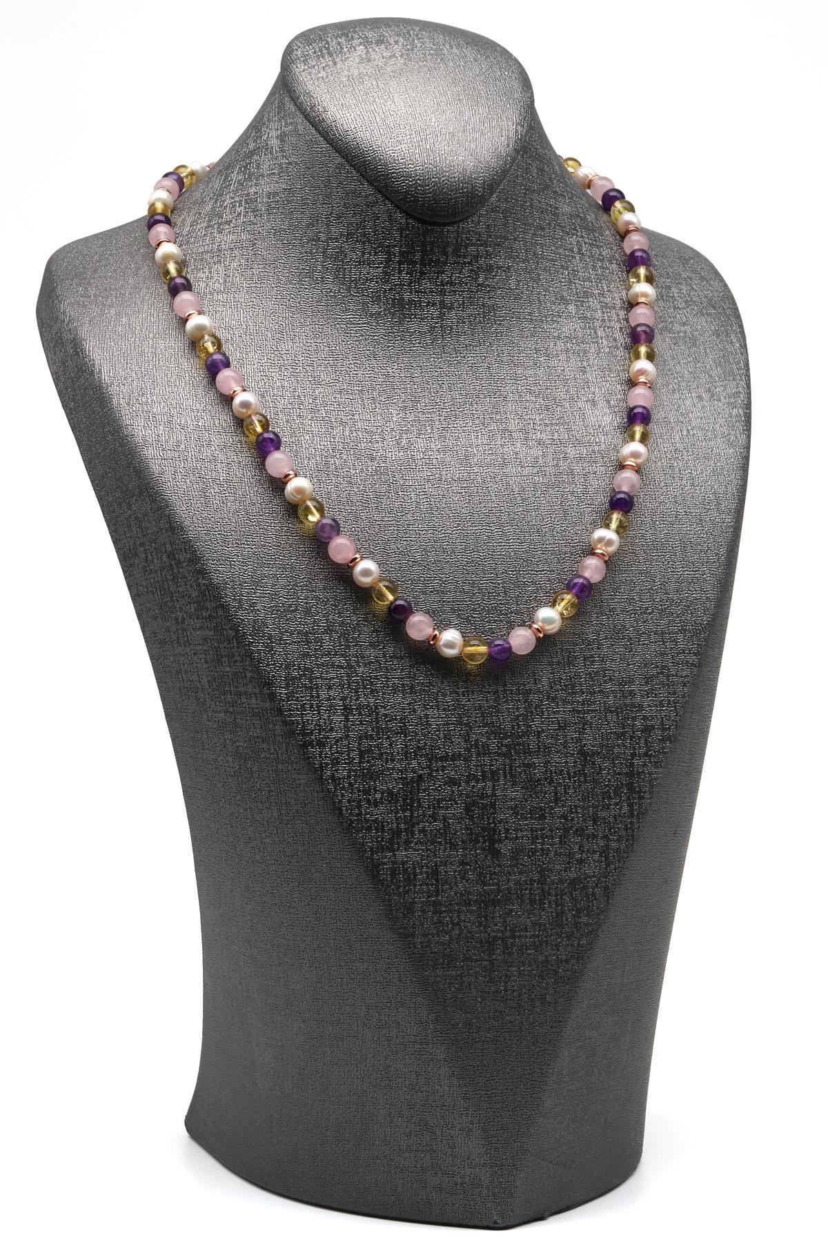 Ametist-Pembe Kuvars-İnci-Sitrin Doğal Taş Kolye