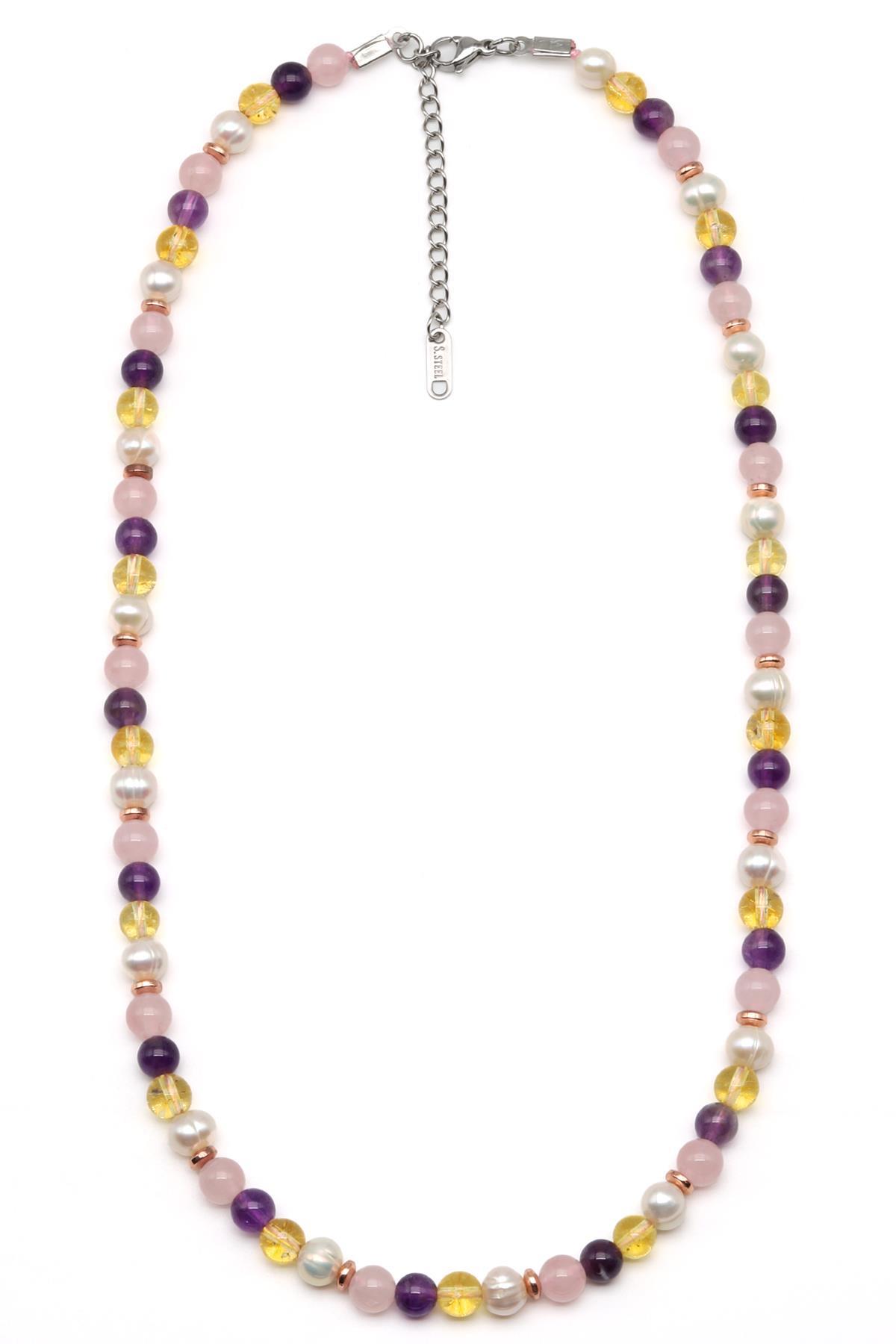 Ametist-Pembe Kuvars-İnci-Sitrin Doğal Taş Kolye