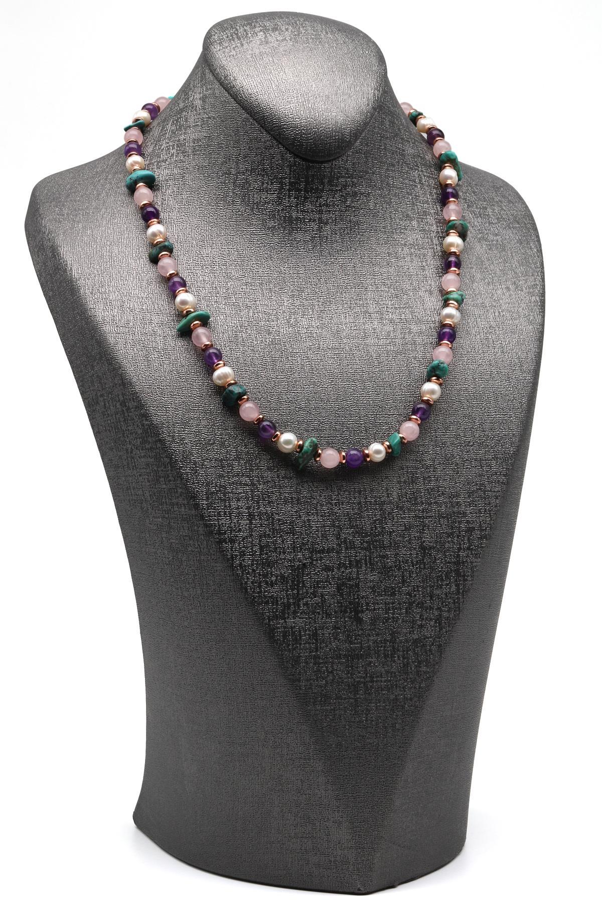 Ametist-Pembe Kuvars-İnci-Turkuaz Doğal Taş Kolye