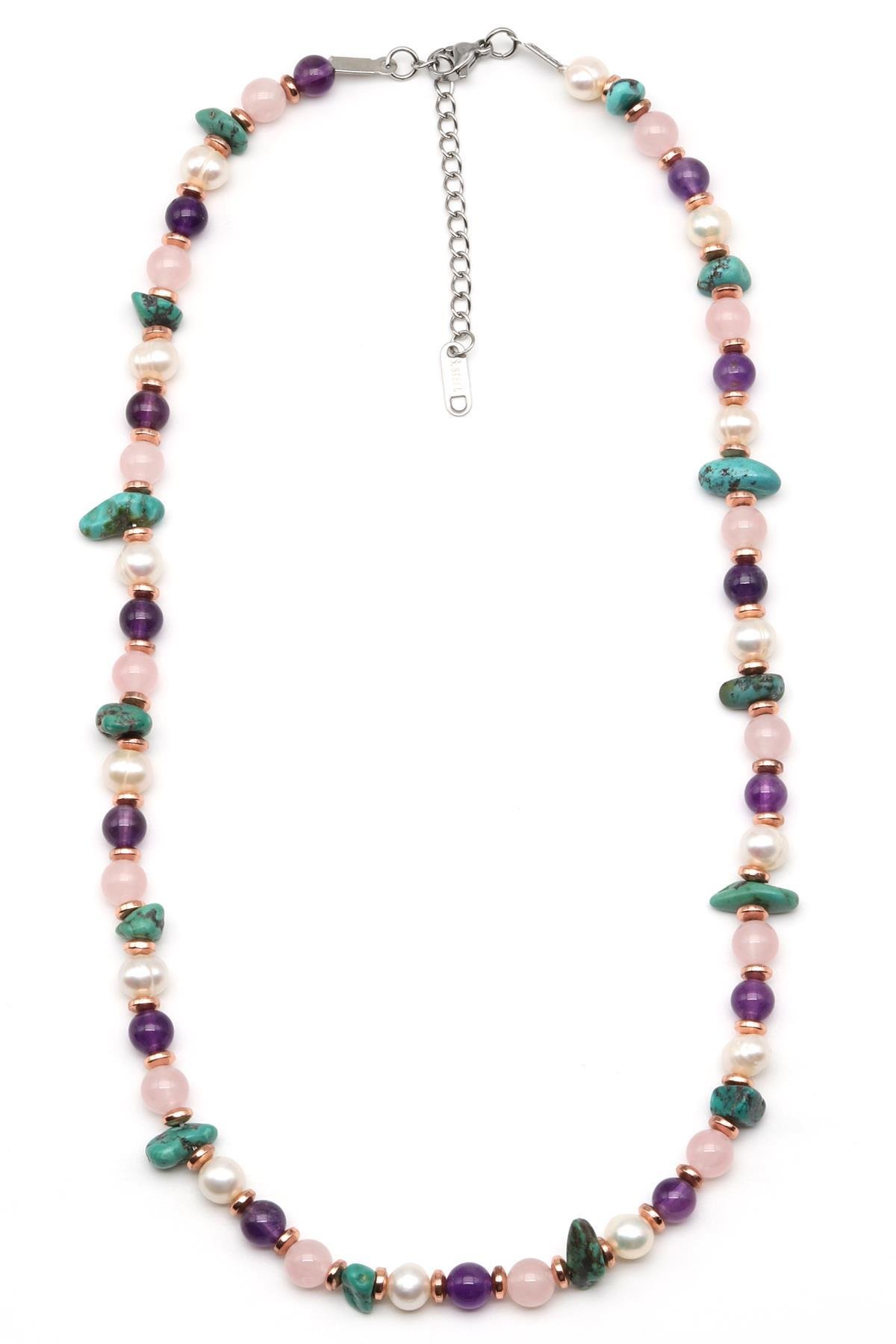 Ametist-Pembe Kuvars-İnci-Turkuaz Doğal Taş Kolye