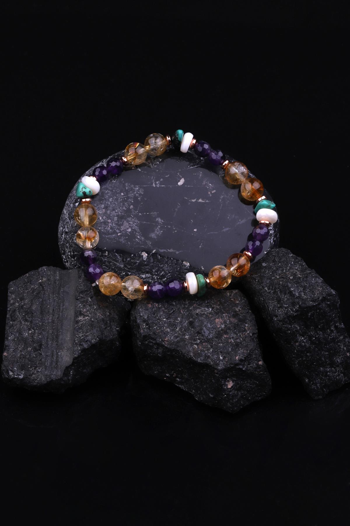 Ametist-Sitrin-Sedef-Orijinal Turkuaz-Hematit Doğal Taş Tasarım Bileklik