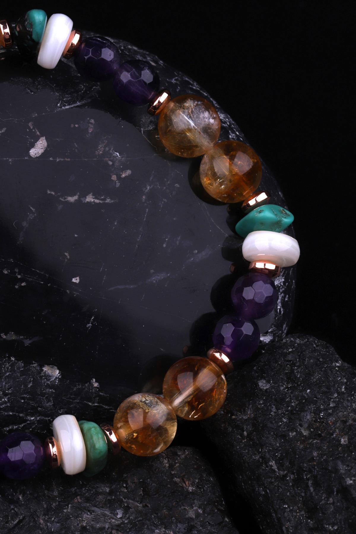 Ametist-Sitrin-Sedef-Orijinal Turkuaz-Hematit Doğal Taş Tasarım Bileklik