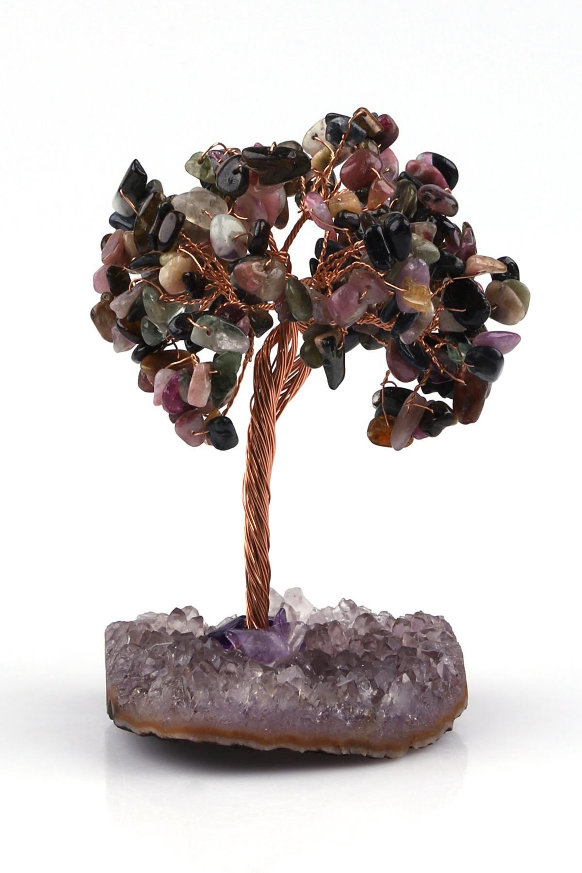 Ametist - Turmalin Doğal Taş Tel Sarmalı Tasarım Ağaç