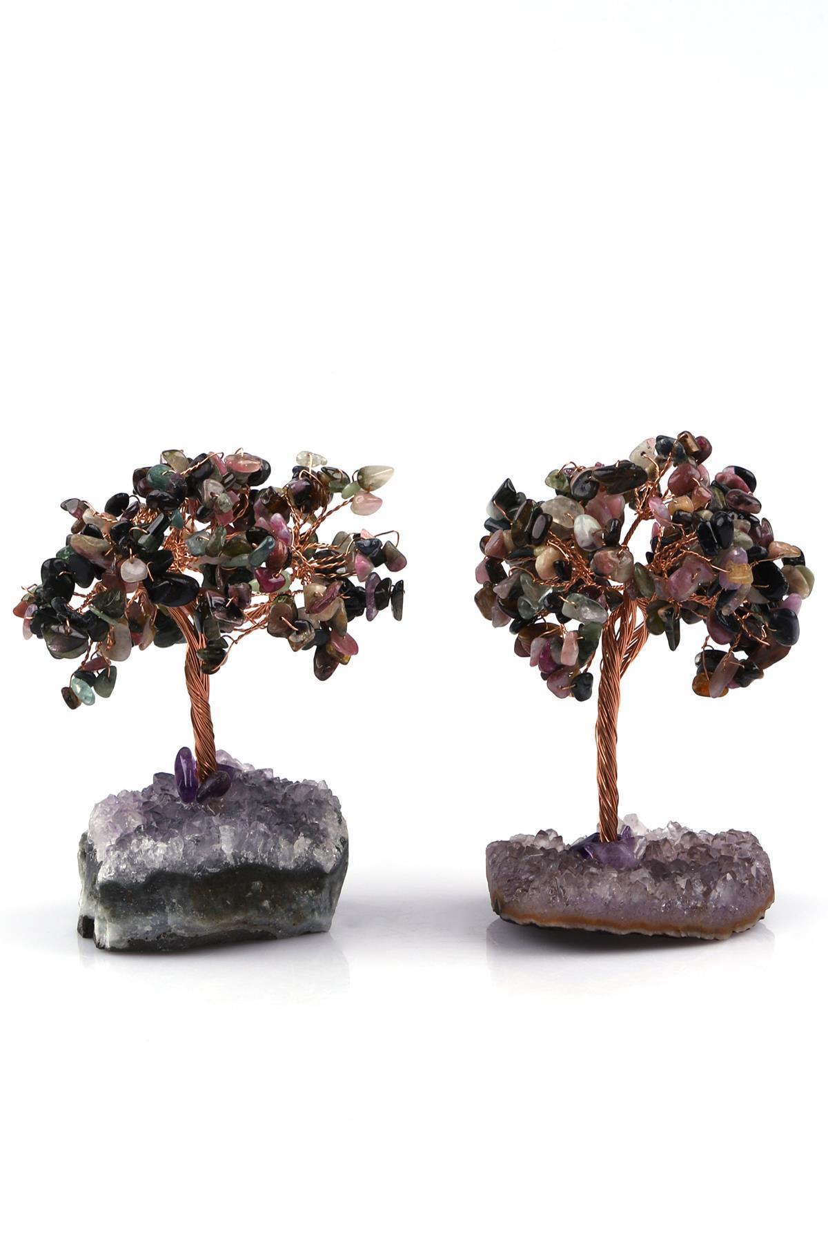Ametist - Turmalin Doğal Taş Tel Sarmalı Tasarım Ağaç