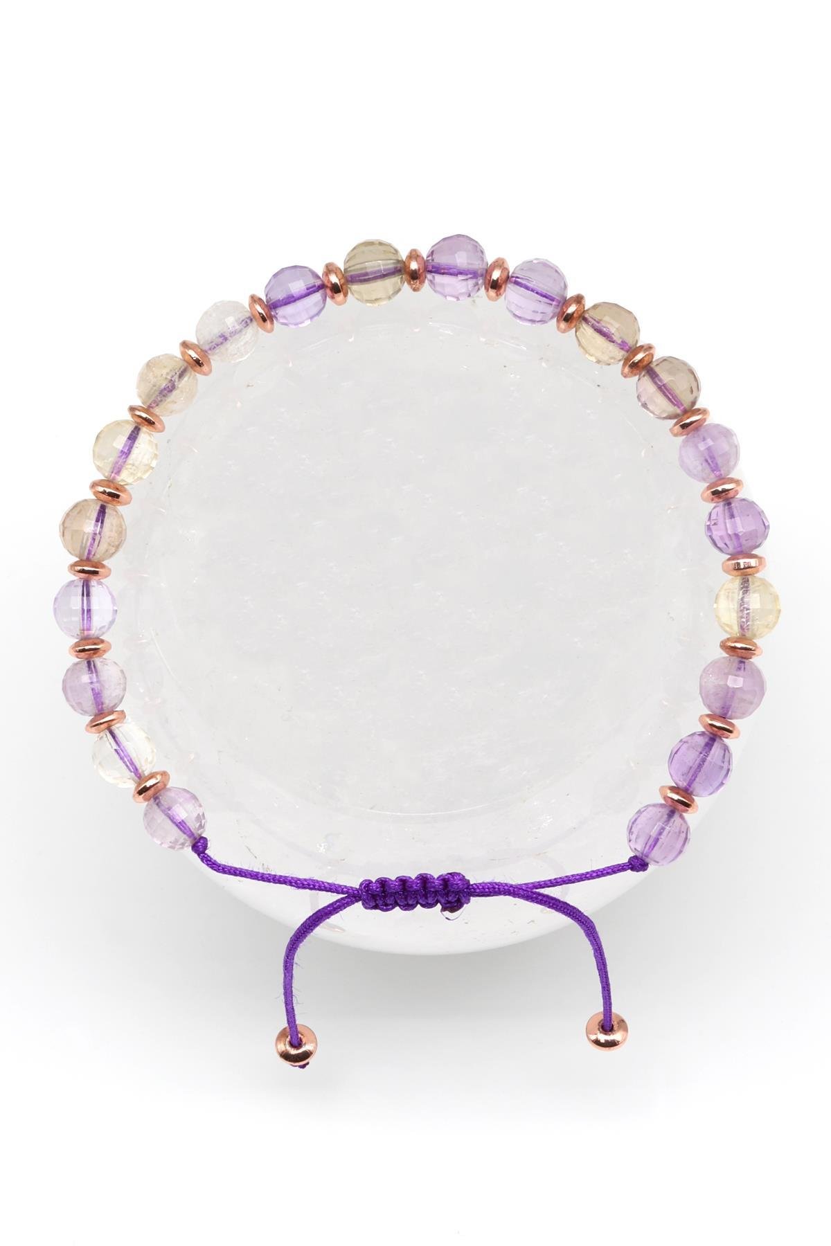 Ametrin Doğal Taş Makrome Örme Bileklik Küre Kesim