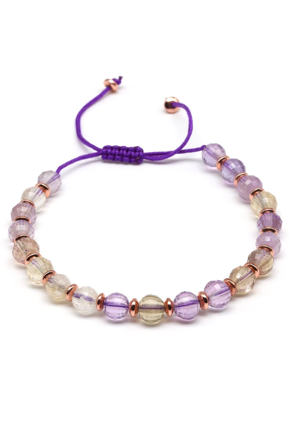 Ametrin Doğal Taş Makrome Örme Bileklik Küre Kesim