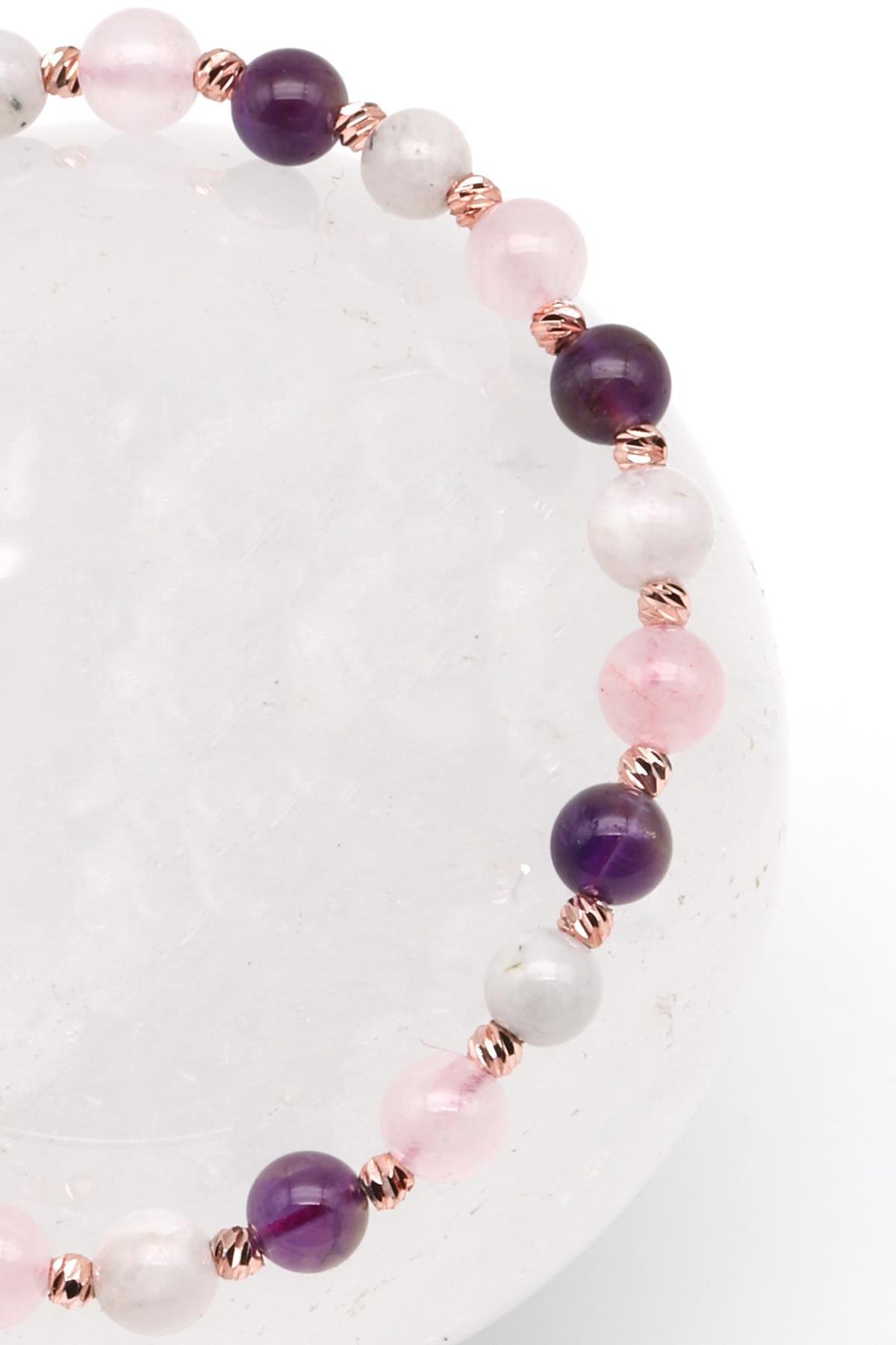 Ay Taşı-Ametist-Pembe Kuvars Doğal Taş Makrome Örme Bileklik Küre Kesim