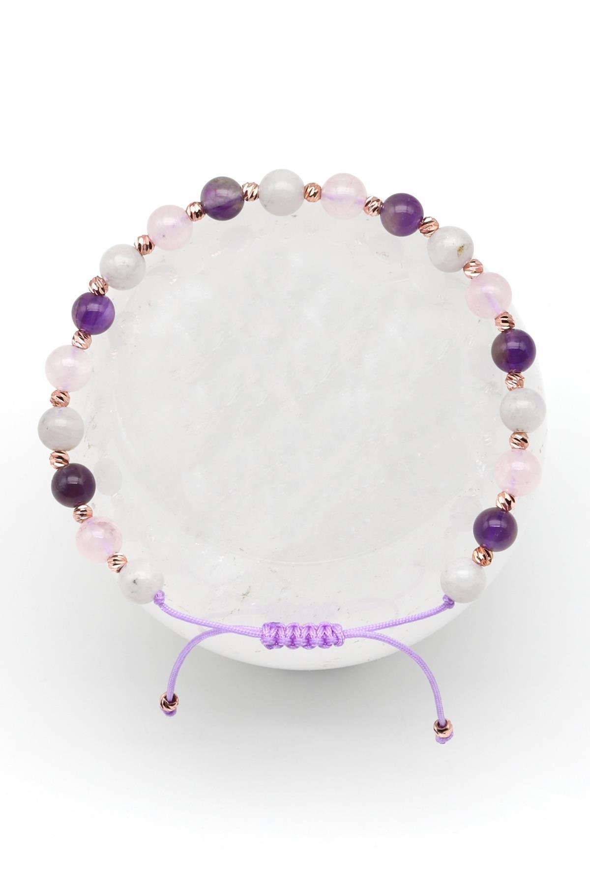 Ay Taşı-Ametist-Pembe Kuvars Doğal Taş Makrome Örme Bileklik Küre Kesim