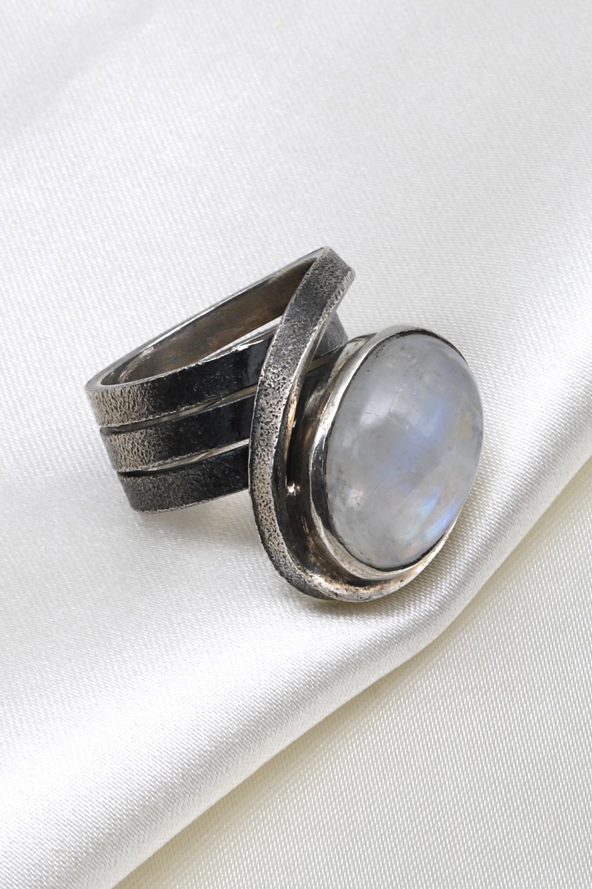 Ay Taşı Doğal Taş 925 Ayar Gümüş Ayarlanabilir Yüzük