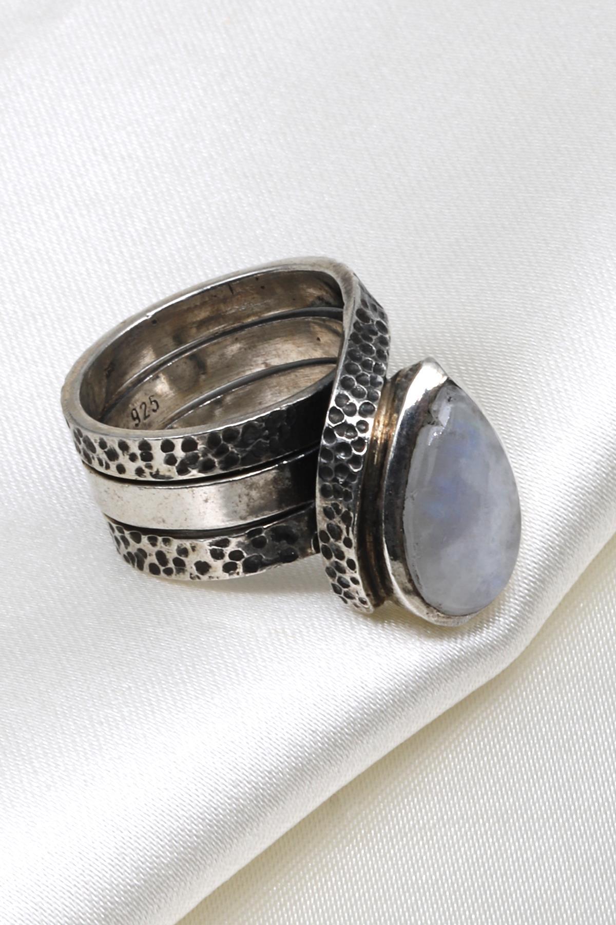 Ay Taşı Doğal Taş 925 Ayar Gümüş Ayarlanabilir Yüzük