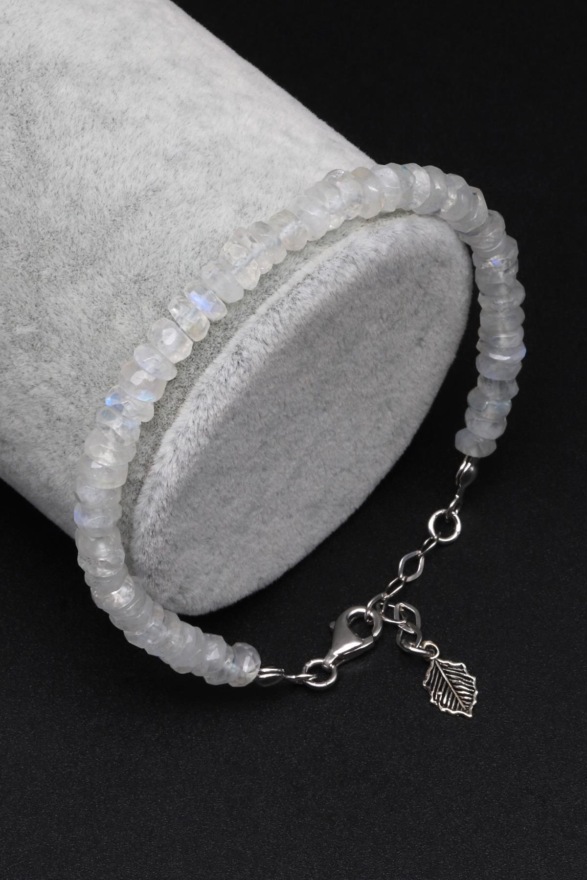 Ay Taşı Doğal Taş 925 Ayar Gümüş Bileklik Rondel Kesim