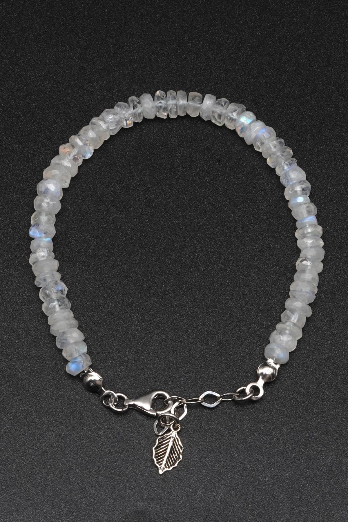 Ay Taşı Doğal Taş 925 Ayar Gümüş Bileklik Rondel Kesim