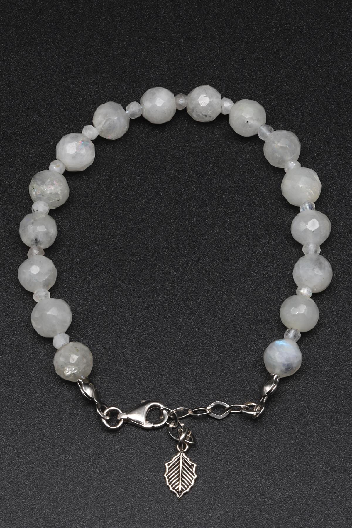 Ay Taşı Doğal Taş 925 Ayar Gümüş Bileklik Fasetli Küre Kesim