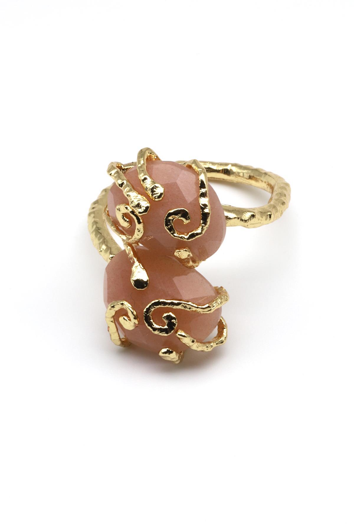 Ay Taşı Doğal Taş Ayarlanabilir Gold Renk Yüzük