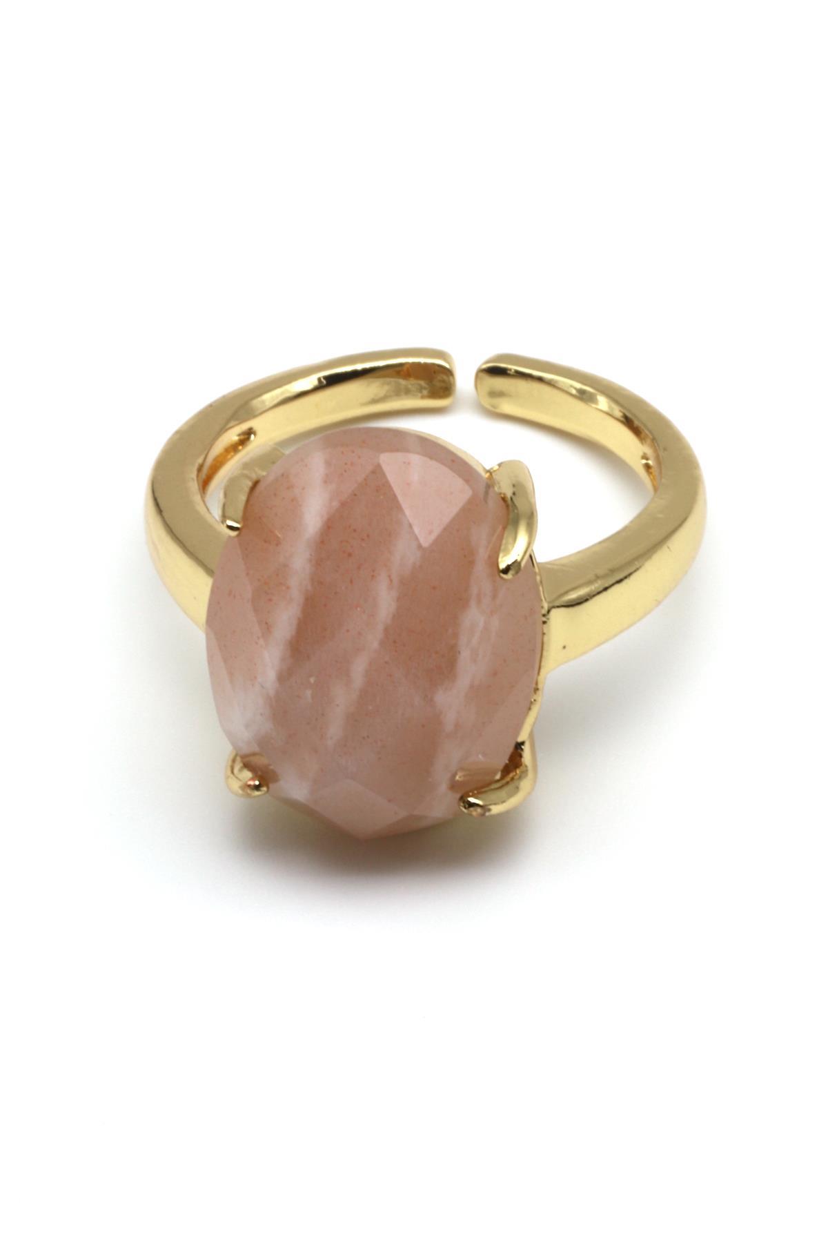 Ay Taşı Doğal Taş Ayarlanabilir Gold Renk Yüzük