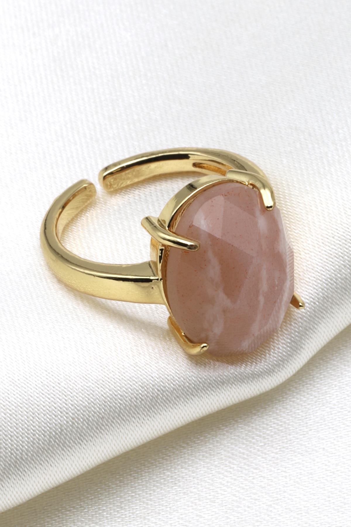 Ay Taşı Doğal Taş Ayarlanabilir Gold Renk Yüzük