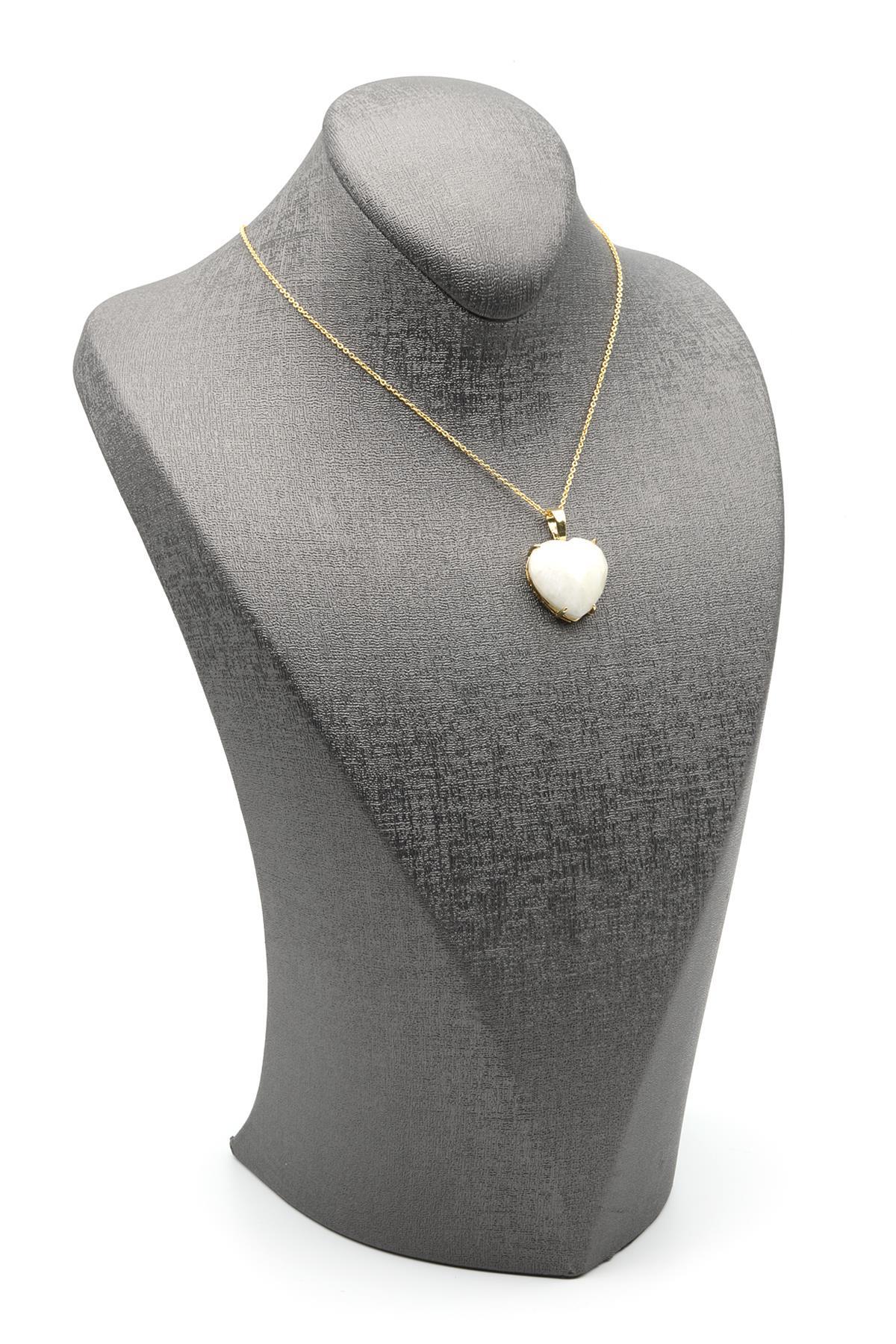 Ay Taşı Doğal Taş Gold Renkli Kalp Model Kolye