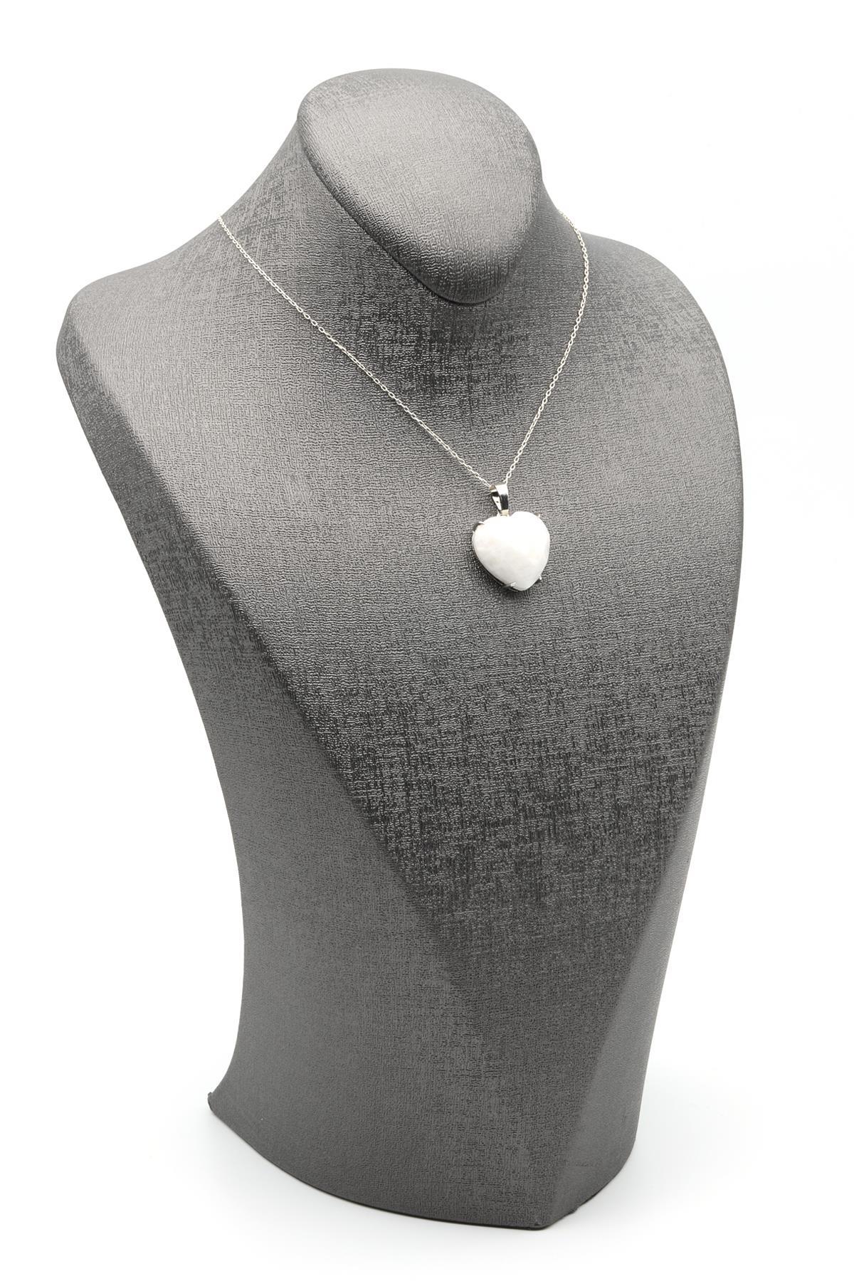 Ay Taşı Doğal Taş Gümüş Renkli Kalp Model Kolye