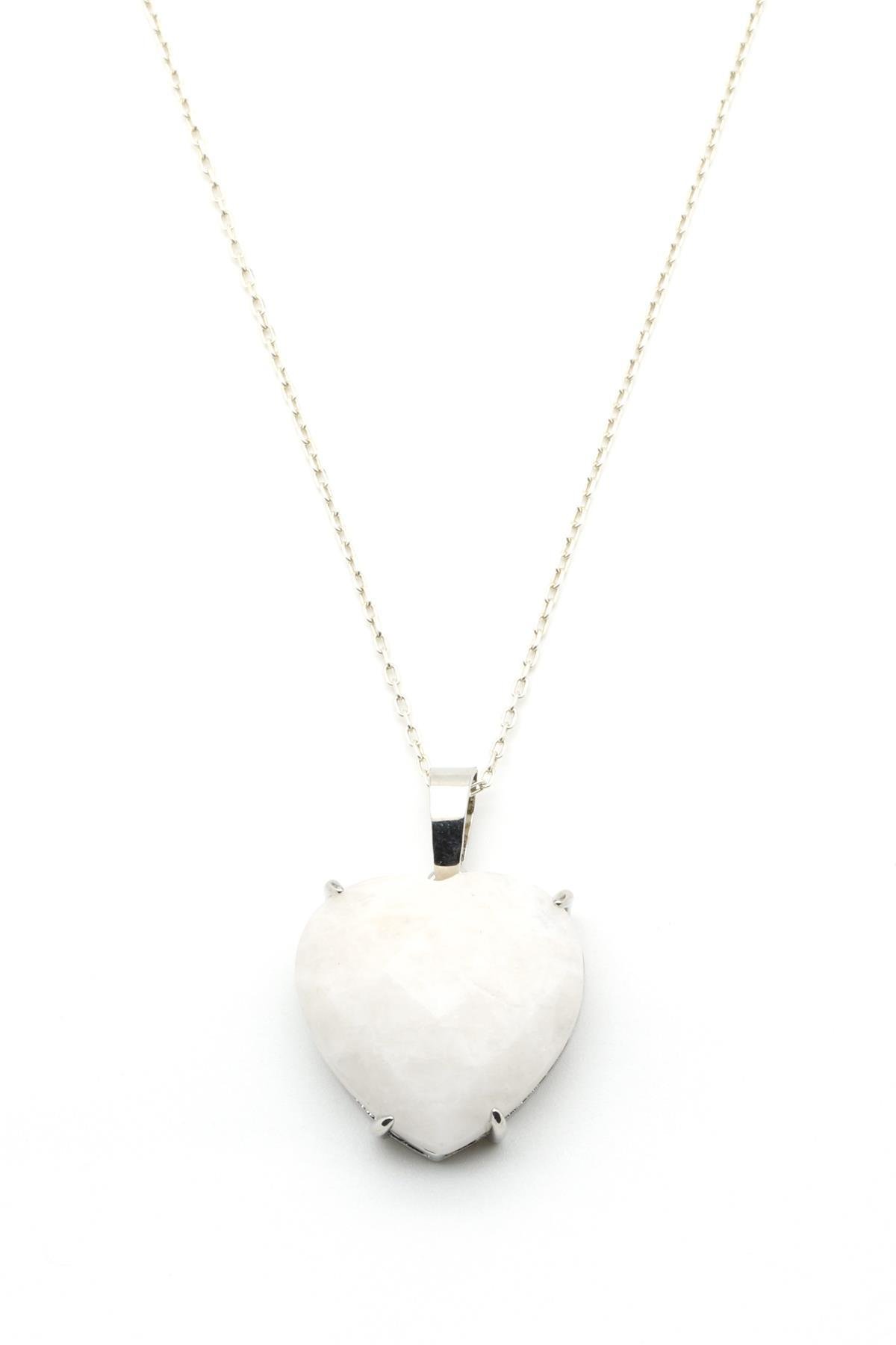 Ay Taşı Doğal Taş Gümüş Renkli Kalp Model Kolye