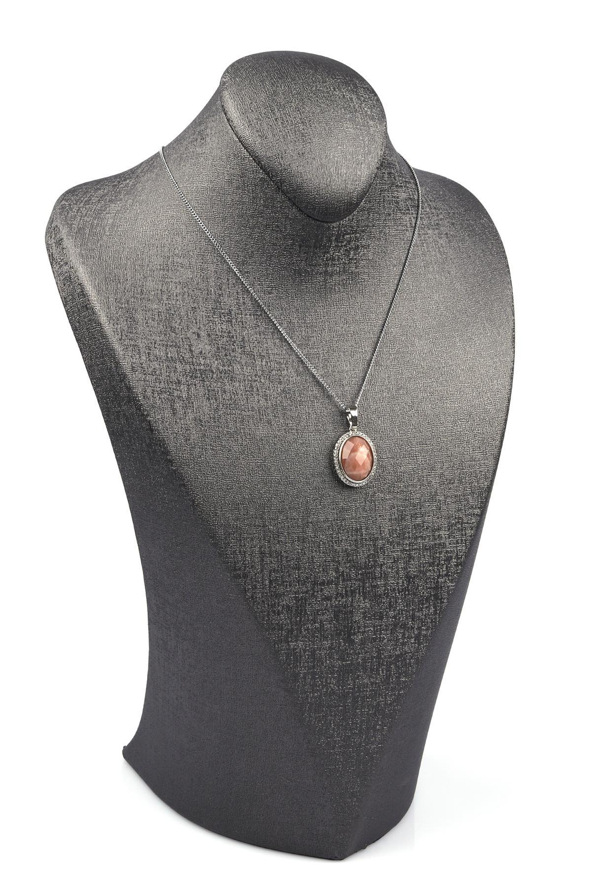 Ay Taşı Doğal Taş Gümüş Renkli Kolye