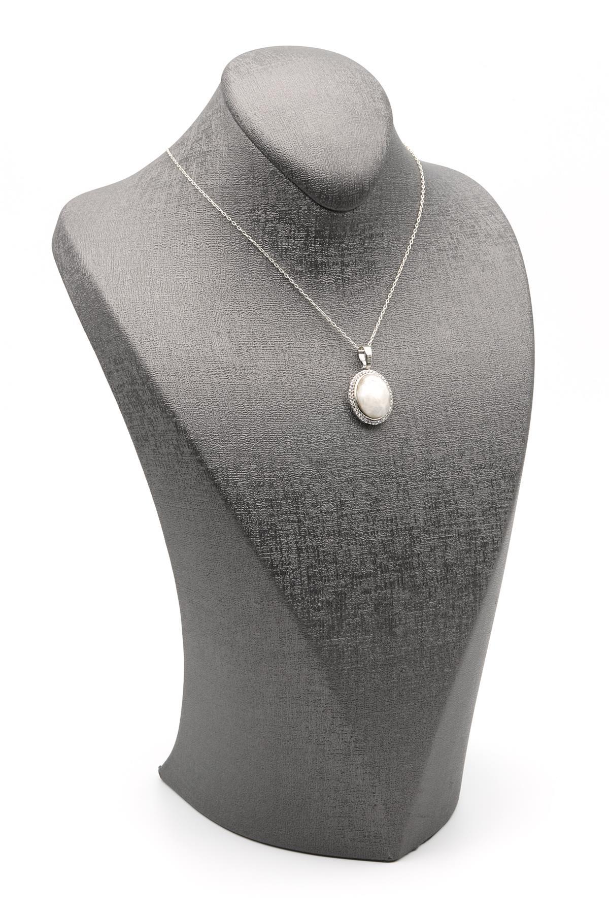 Ay Taşı Doğal Taş Gümüş Renkli Kolye