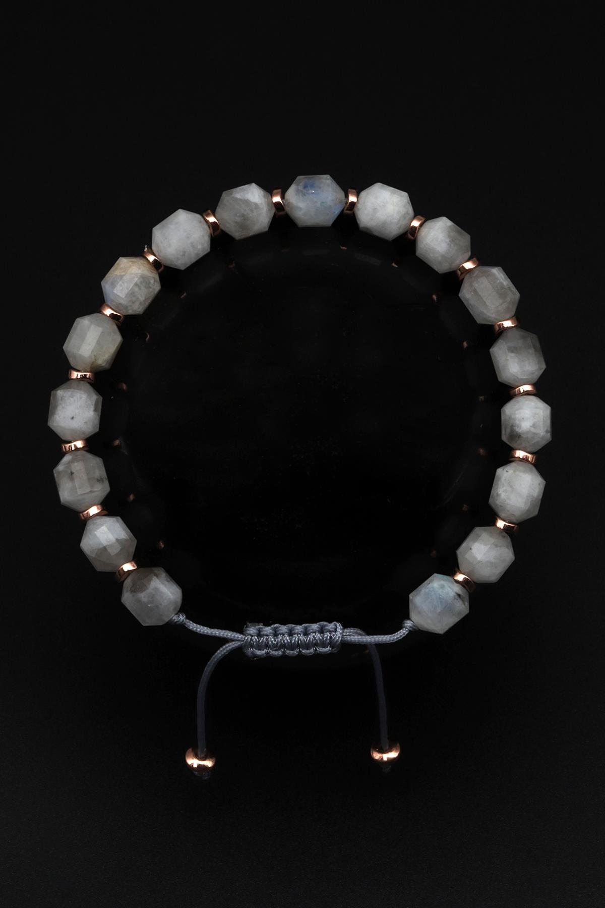 Ay Taşı Doğal Taş Makrome Örme Bileklik Hexagonal Kesim