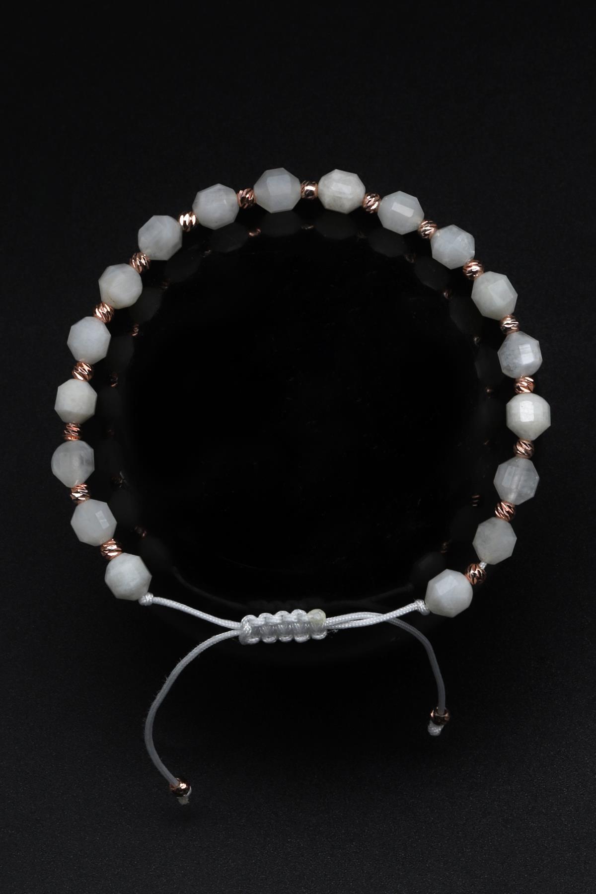 Ay Taşı Doğal Taş Makrome Örme Bileklik Hexagonel Kesim