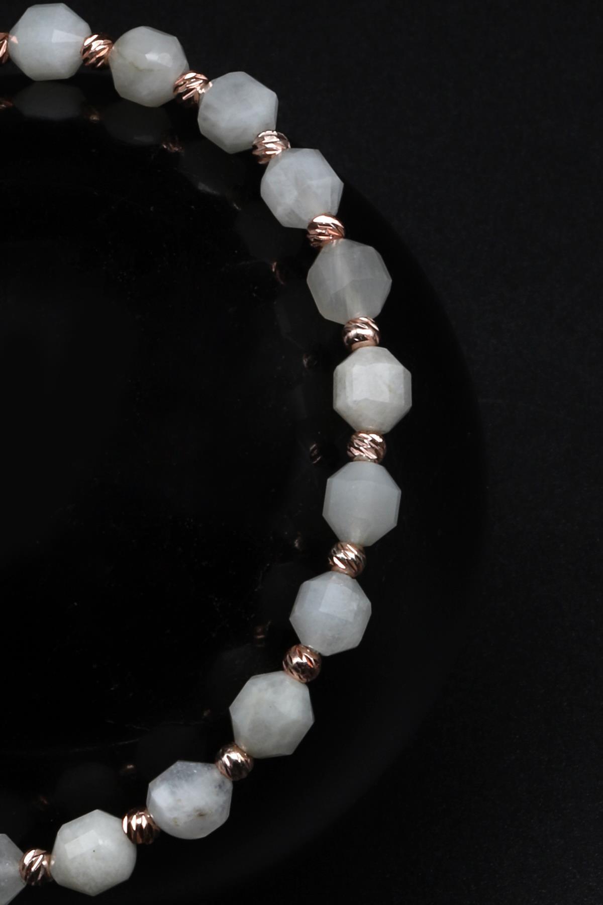 Ay Taşı Doğal Taş Makrome Örme Bileklik Hexagonel Kesim