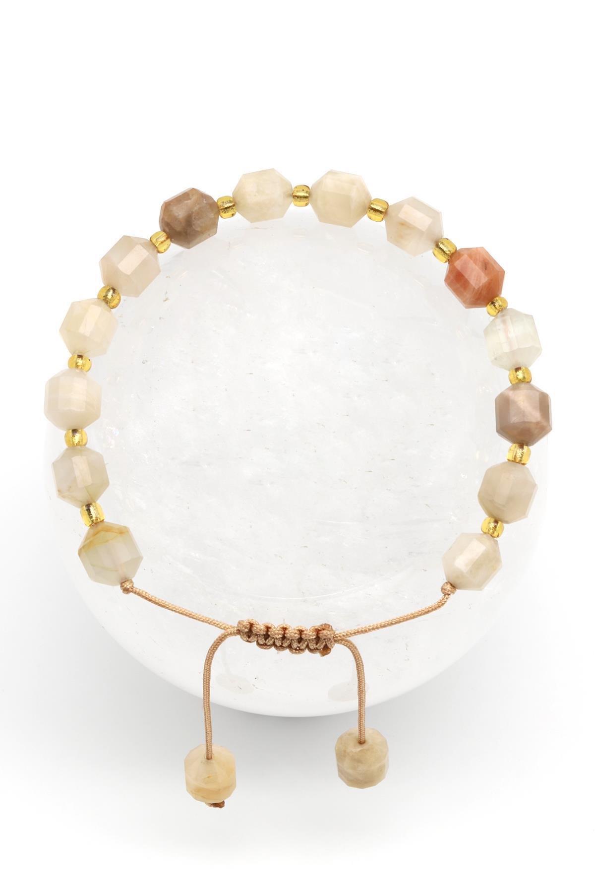 Ay Taşı Doğal Taş Makrome Örme Bileklik Hexagonel Kesim