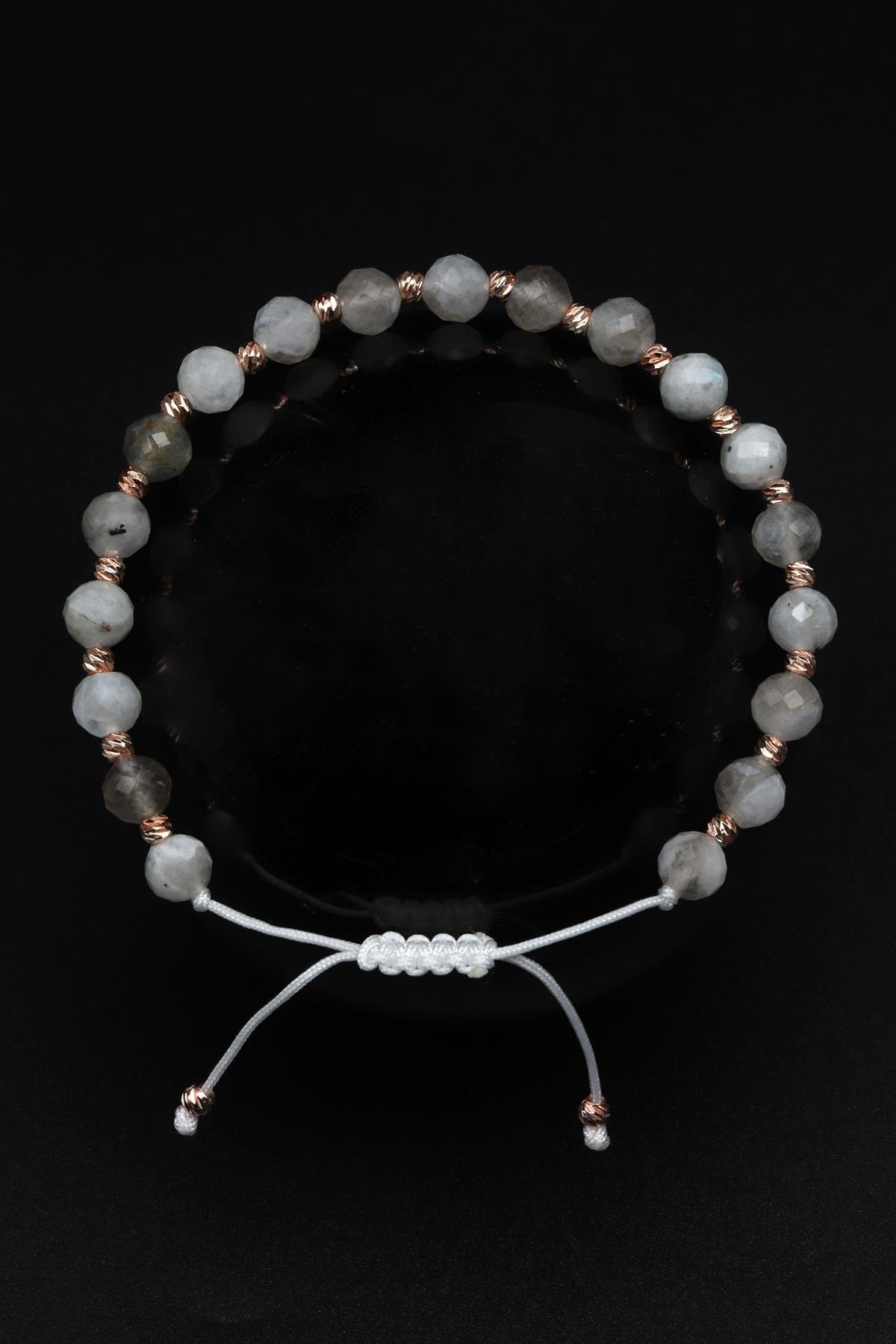 Ay Taşı Doğal Taş Makrome Örme Bileklik Fasetli Küre Kesim