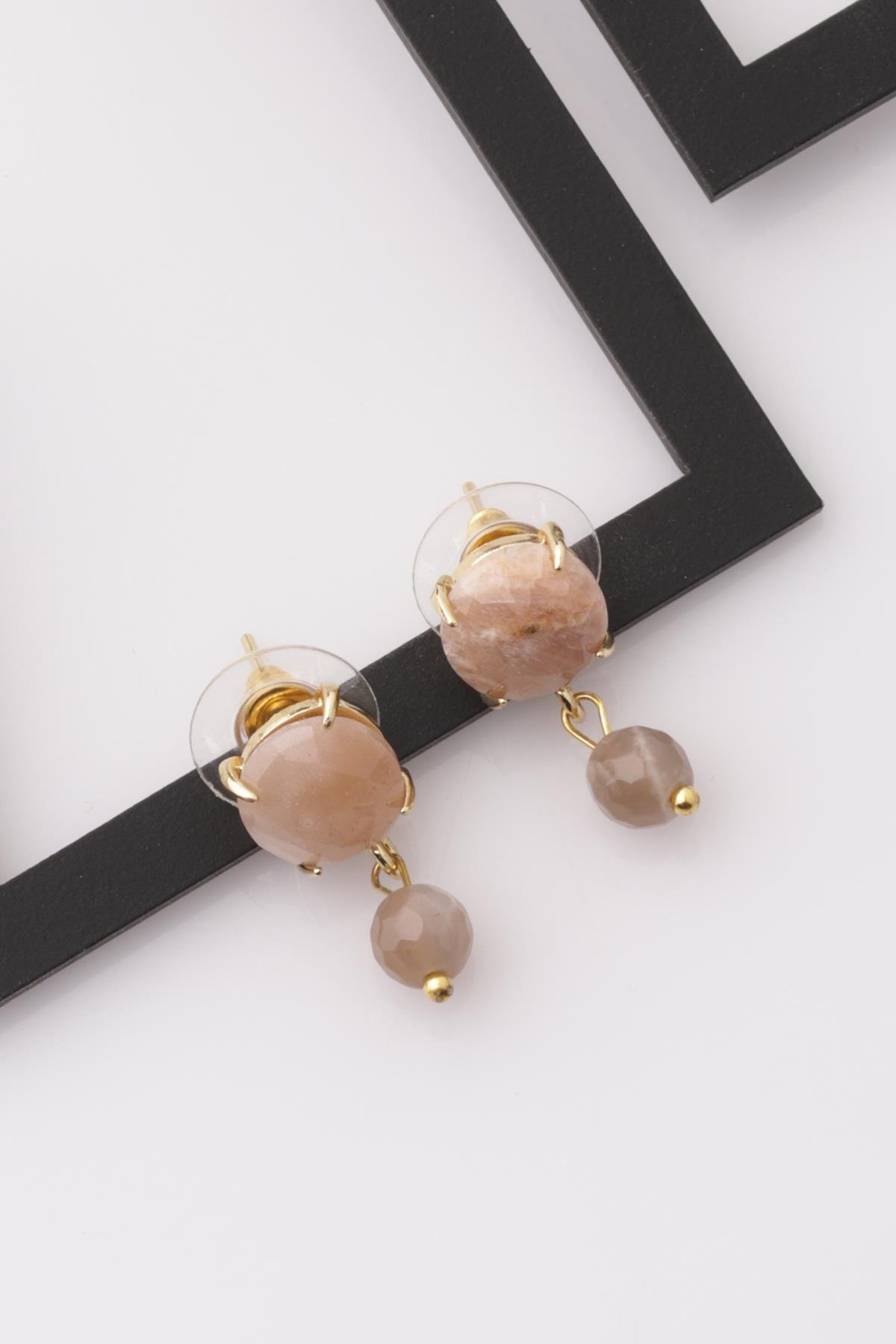 Ay Taşı - Güneş Taşı Doğal Taş Gold Renkli Küpe