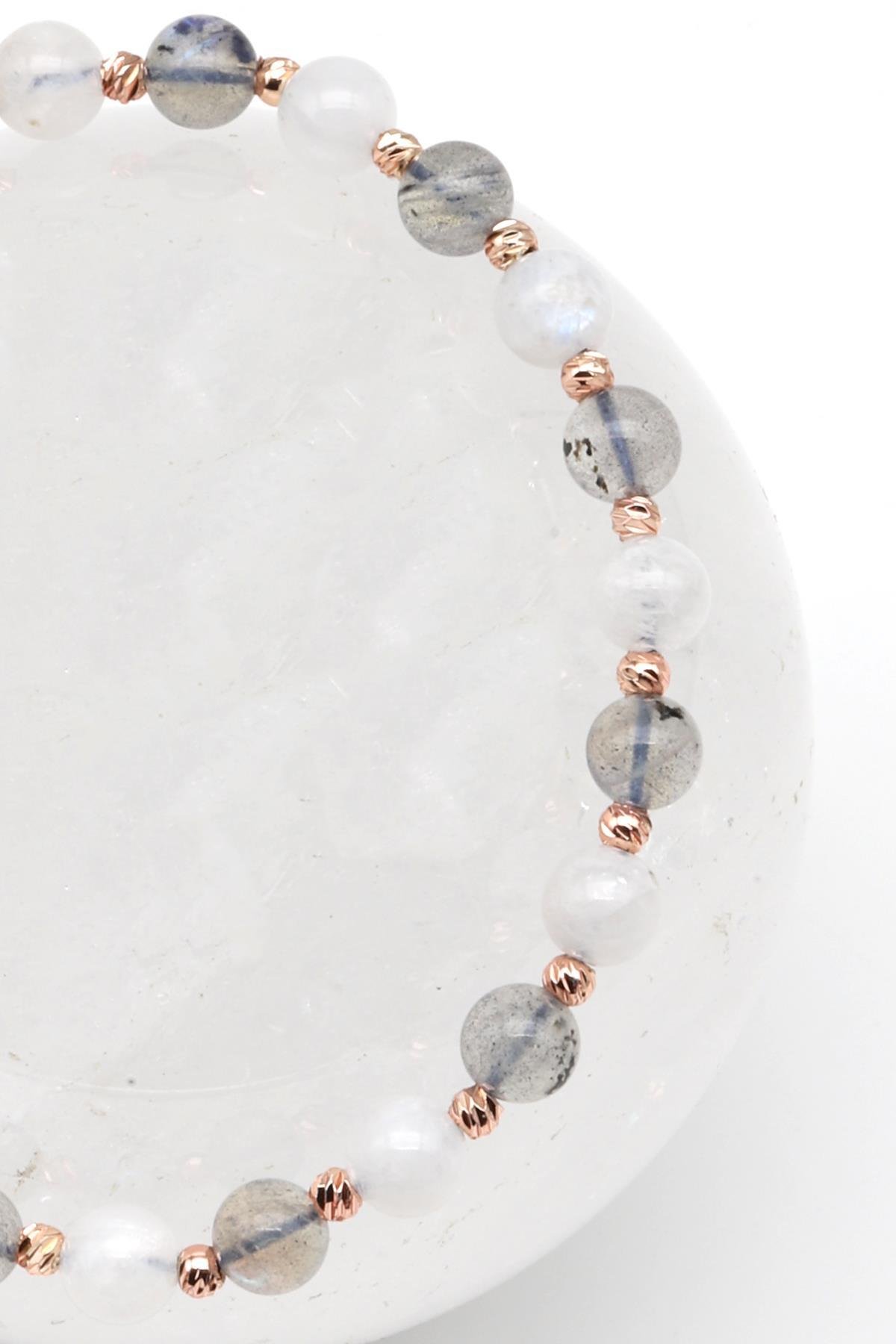 Ay Taşı-Labradorit Doğal Taş Makrome Örme Bileklik Küre Kesim