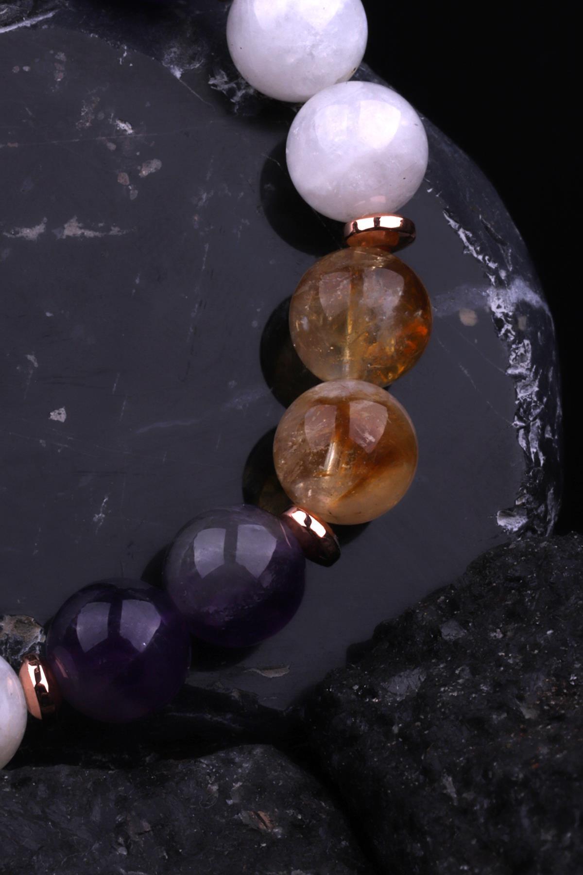 Ay Taşı - Sitrin - Ametist - Hematit Doğal Taş Tasarım Bileklik 