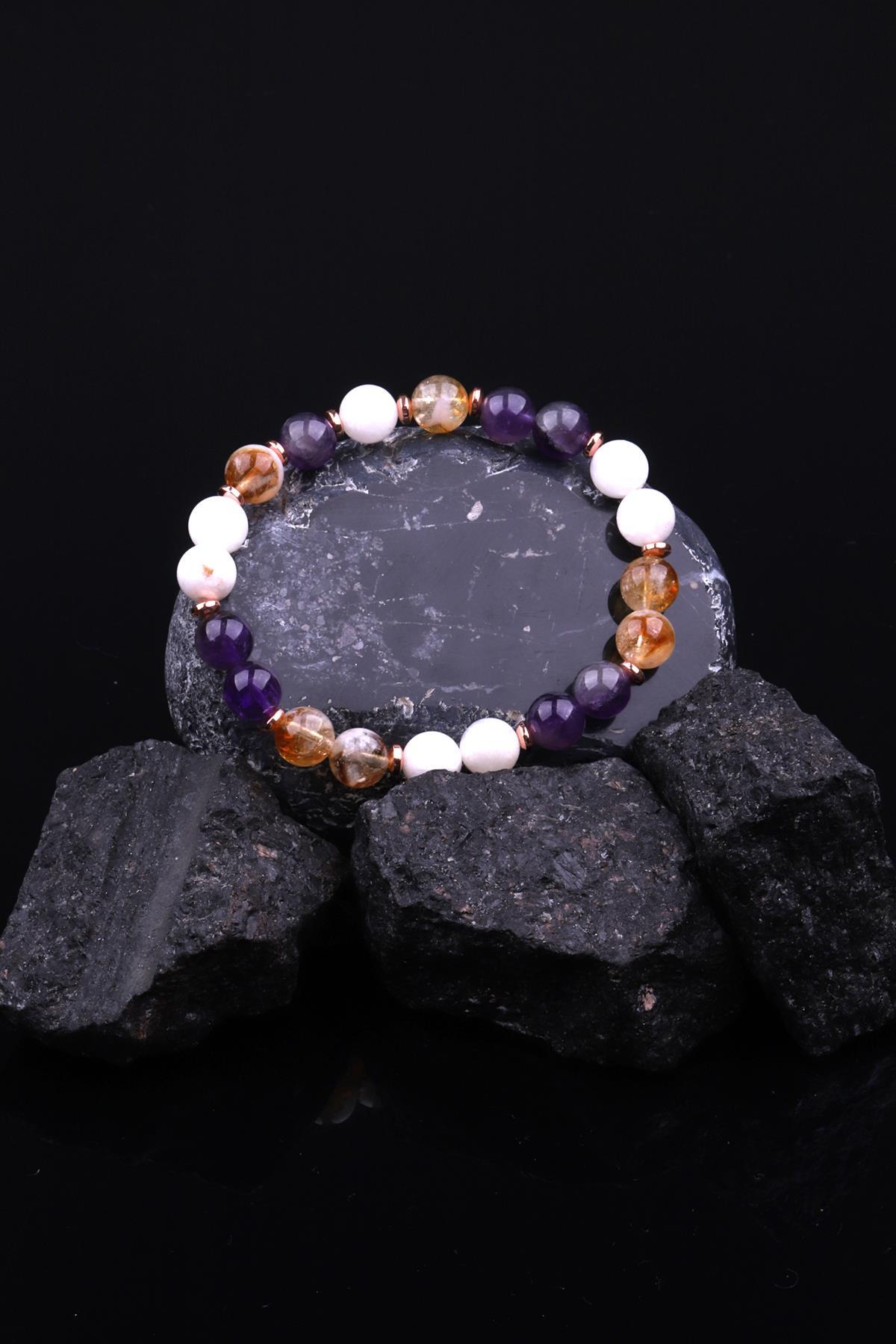 Ay Taşı - Sitrin - Ametist - Hematit Doğal Taş Tasarım Bileklik 