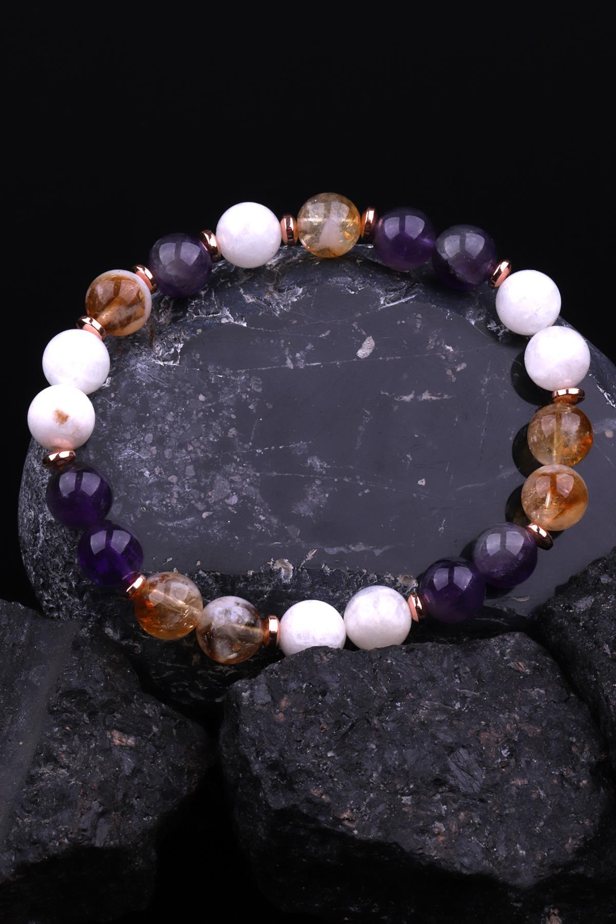 Ay Taşı - Sitrin - Ametist - Hematit Doğal Taş Tasarım Bileklik 