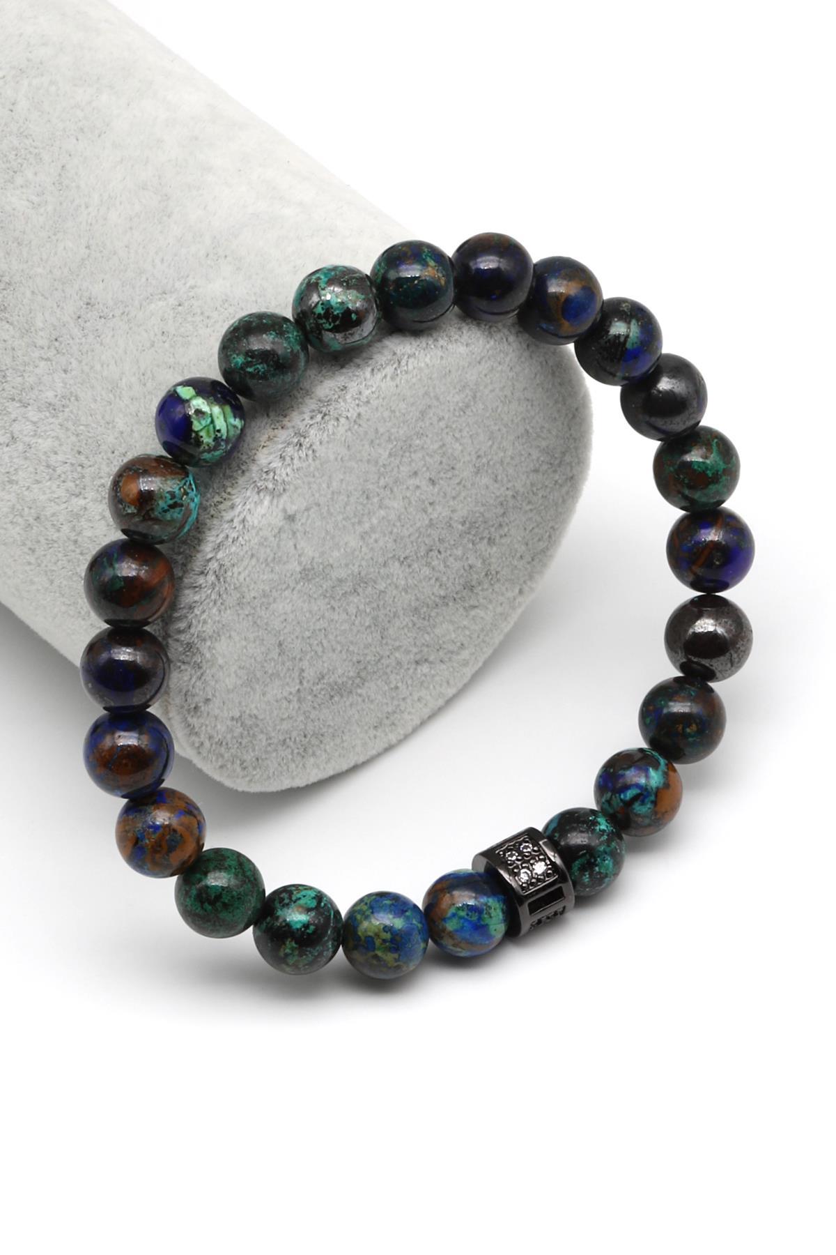 Azurit Doğal Taş Zirkon Aparatlı Bileklik 8 mm Küre Kesim