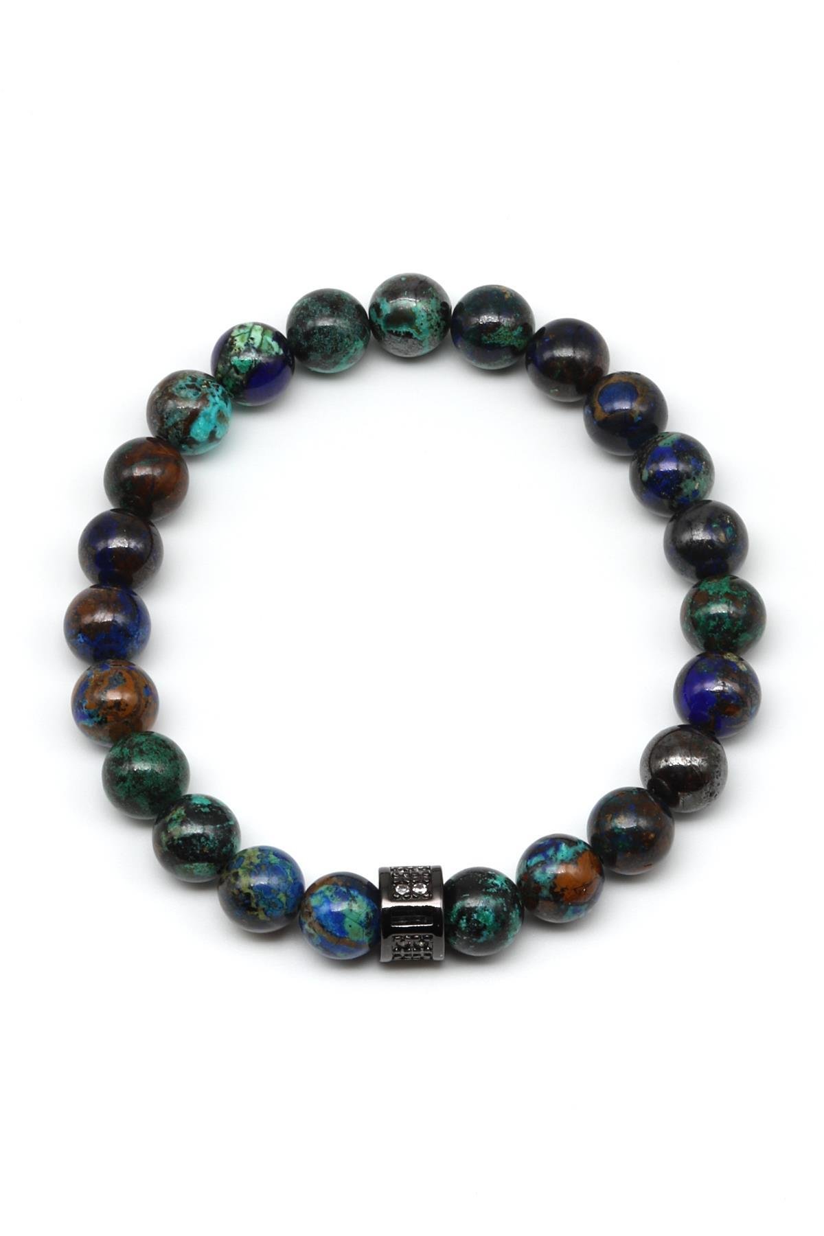 Azurit Doğal Taş Zirkon Aparatlı Bileklik 8 mm Küre Kesim