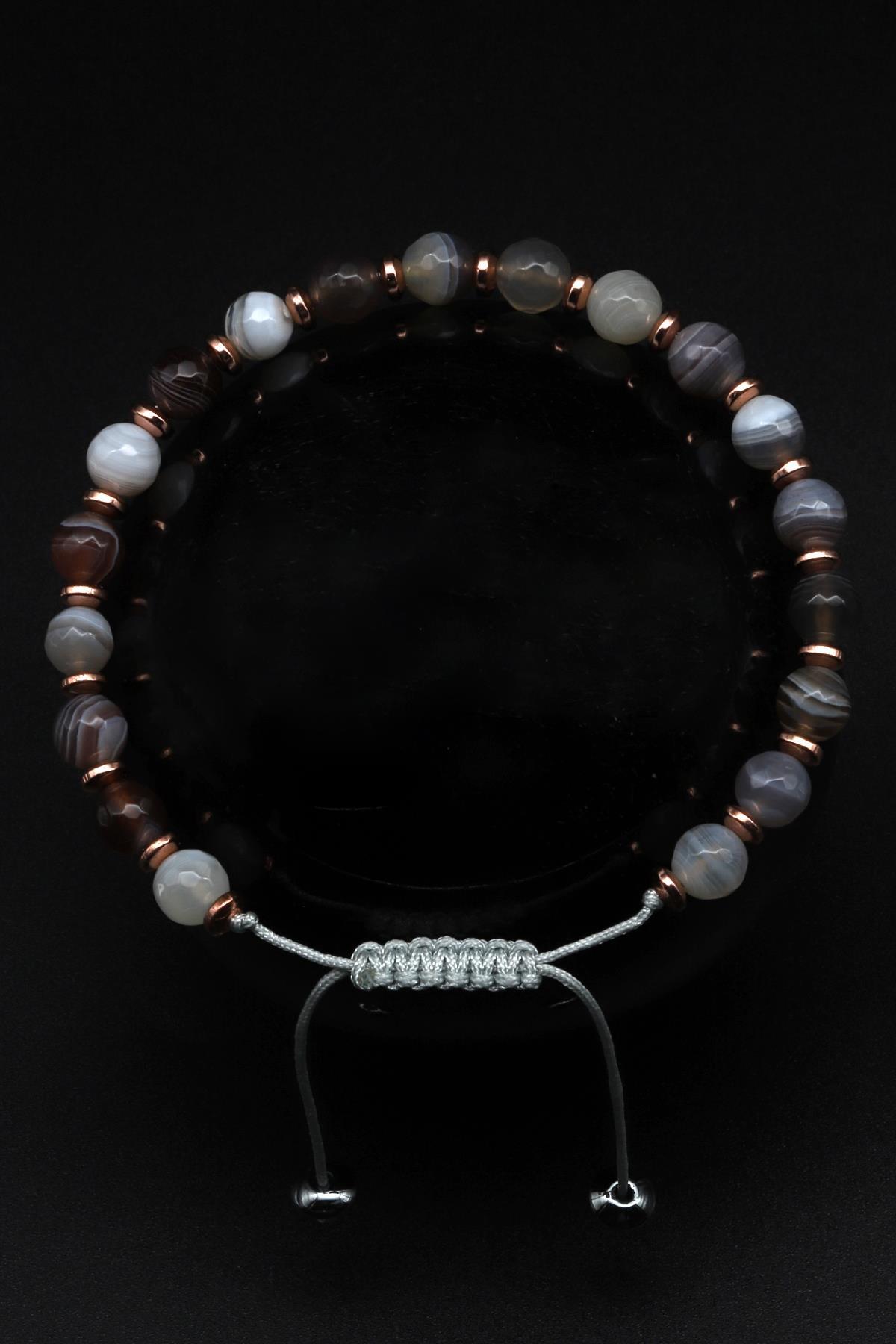 Botswana Akik Doğal Taş Makrome Örme Bileklik Fasetli Kesim